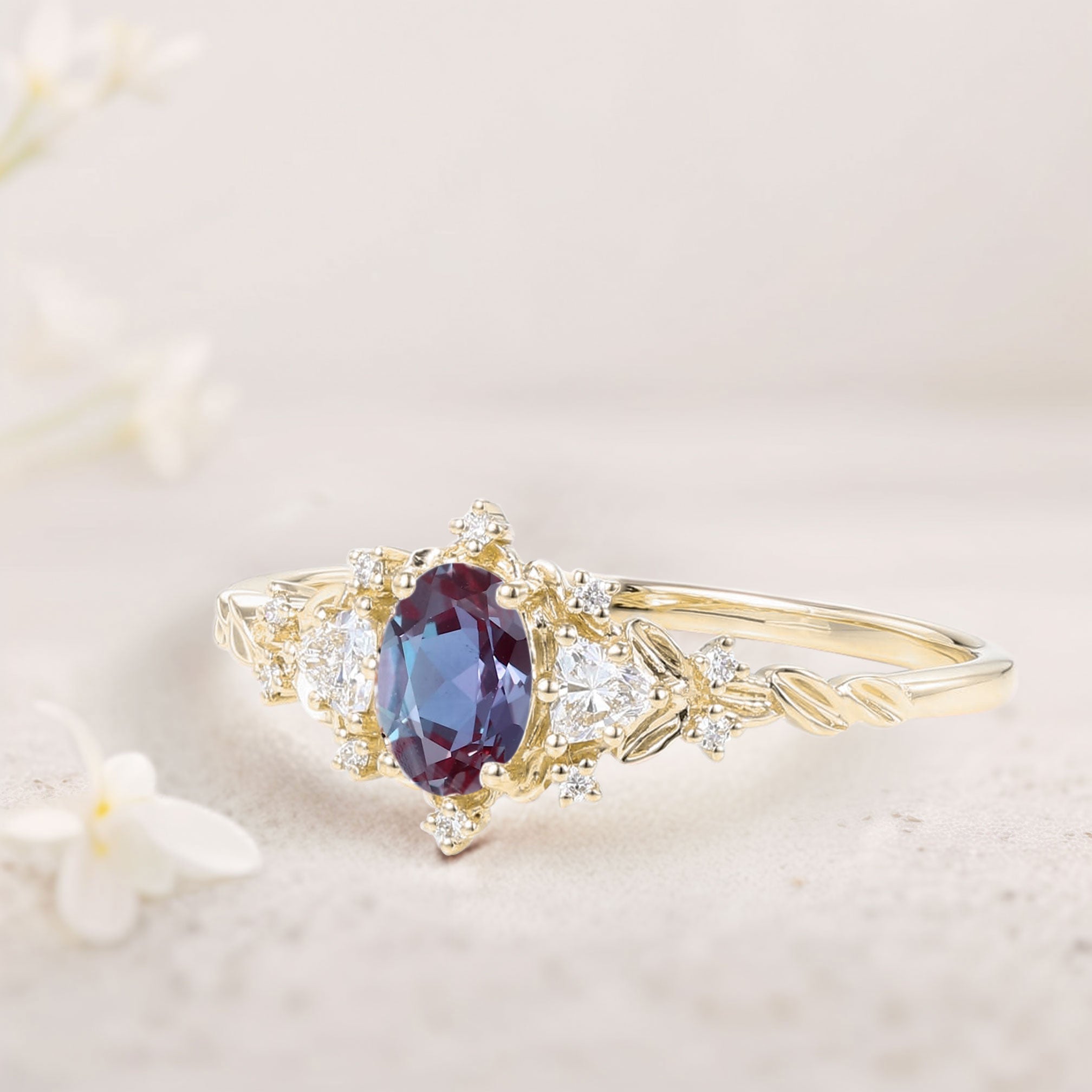 Classic Briar Rose Oval Lab Alexandrite Olive Leaves 18K Yellow Gold Engagement Ring Fairy Ring