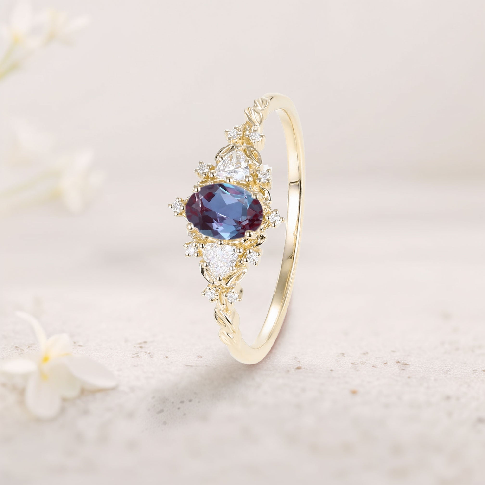 Classic Briar Rose Oval Lab Alexandrite Olive Leaves 18K Yellow Gold Engagement Ring Fairy Ring