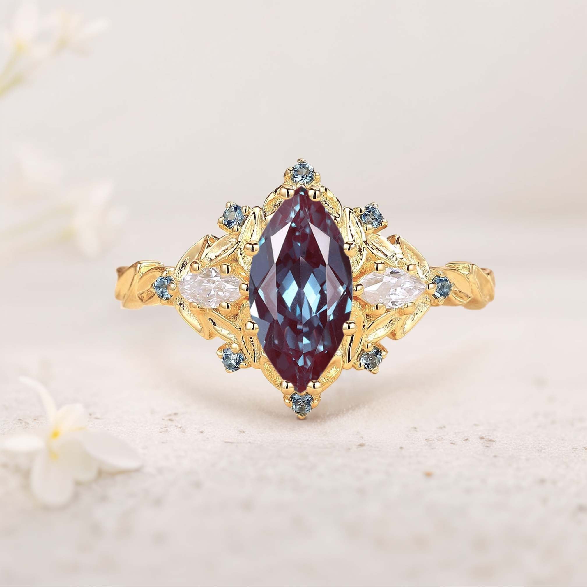 Unique Marquise Lab Alexandrite Ring Art Deco Round Alexandrite Halo 18K Yellow Gold Wedding Ring