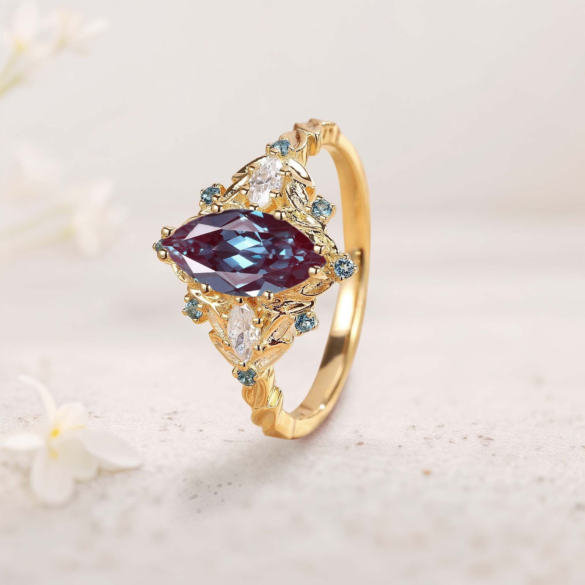 Unique Marquise Lab Alexandrite Ring Art Deco Round Alexandrite Halo 18K Yellow Gold Wedding Ring