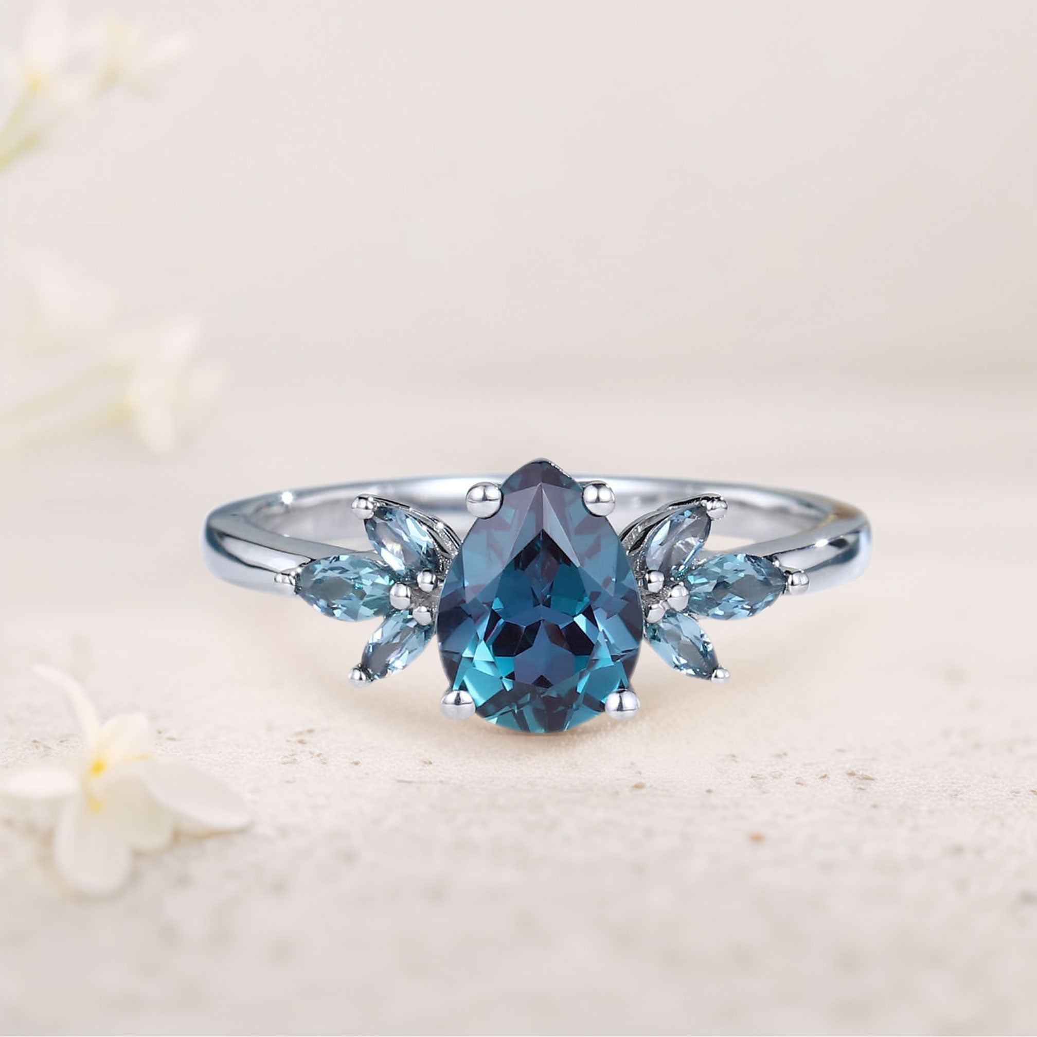 Unique Pear Lab Alexandrite 18K White Gold Engagement Ring with Petal Accents