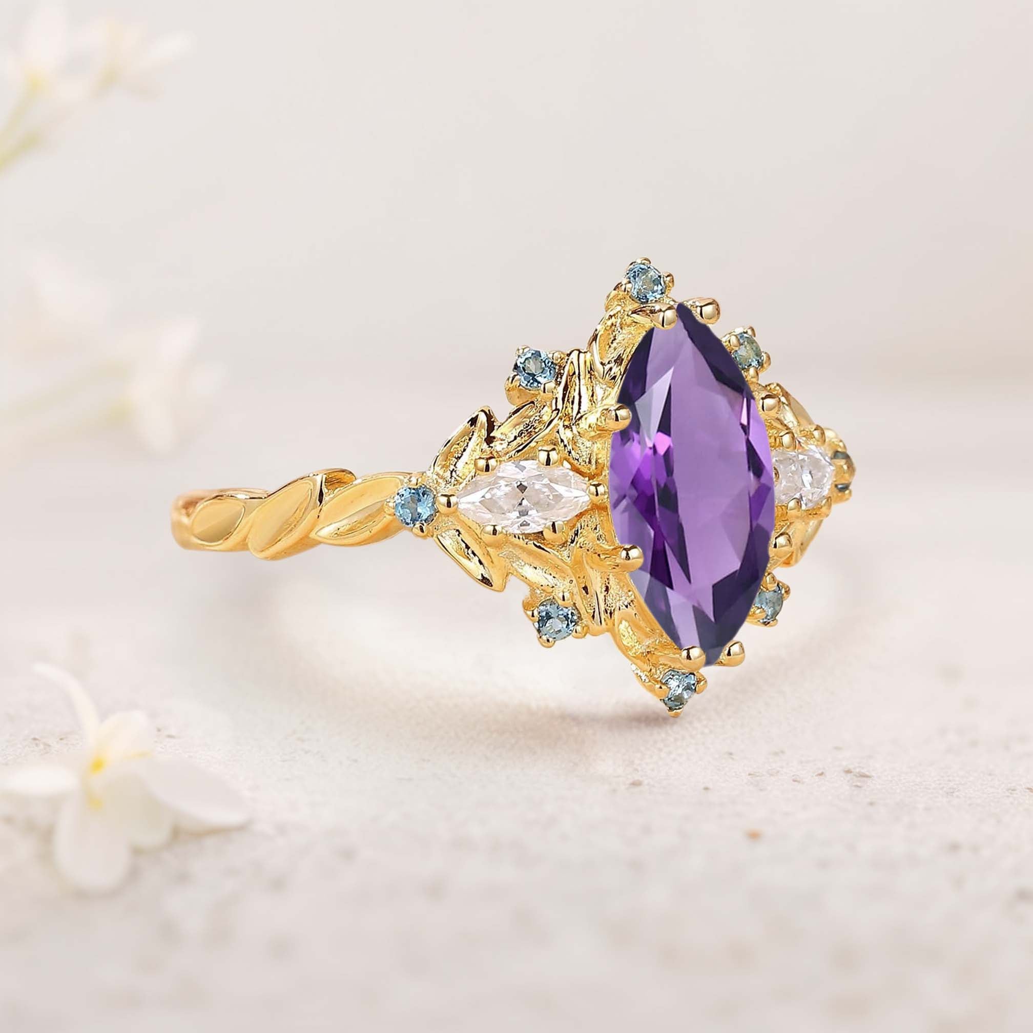 Unique floral engagement rings Marquise Amethyst Fairy Ring 18K Yellow Gold Engagement Ring