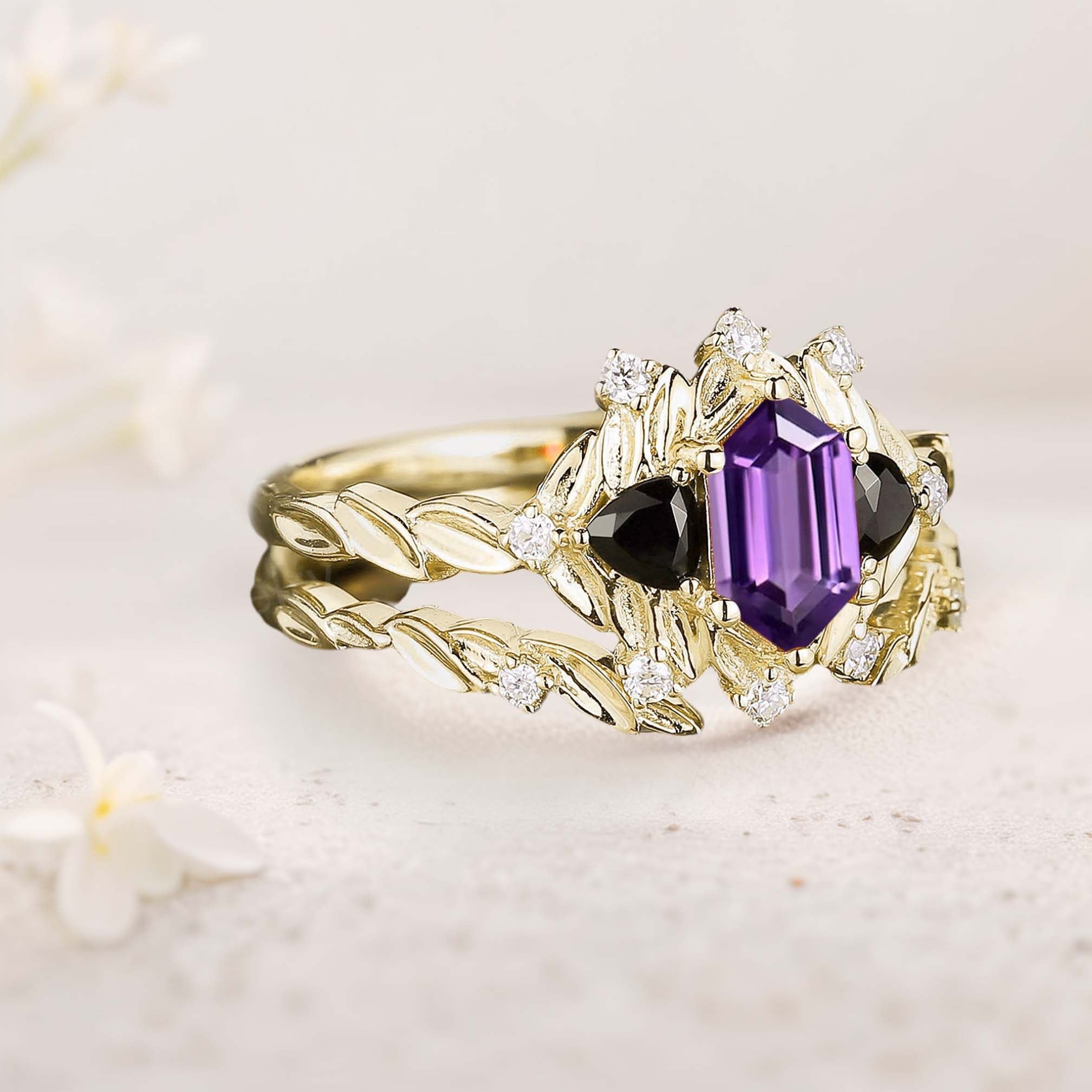 Unique floral engagement rings Long Hexagon Amethyst Leaf 18K Yellow Gold Engagement Ring Wedding Ring Set
