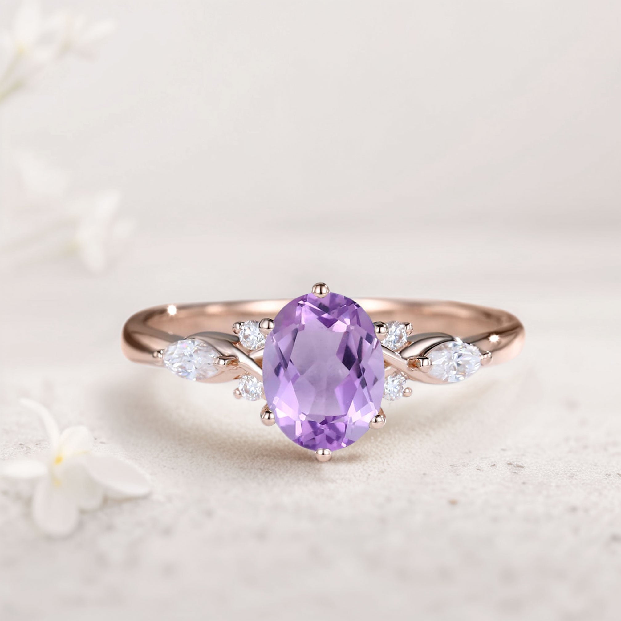 Vintage Oval Amethyst and Moissanite 18K Rose Gold Engagement Ring