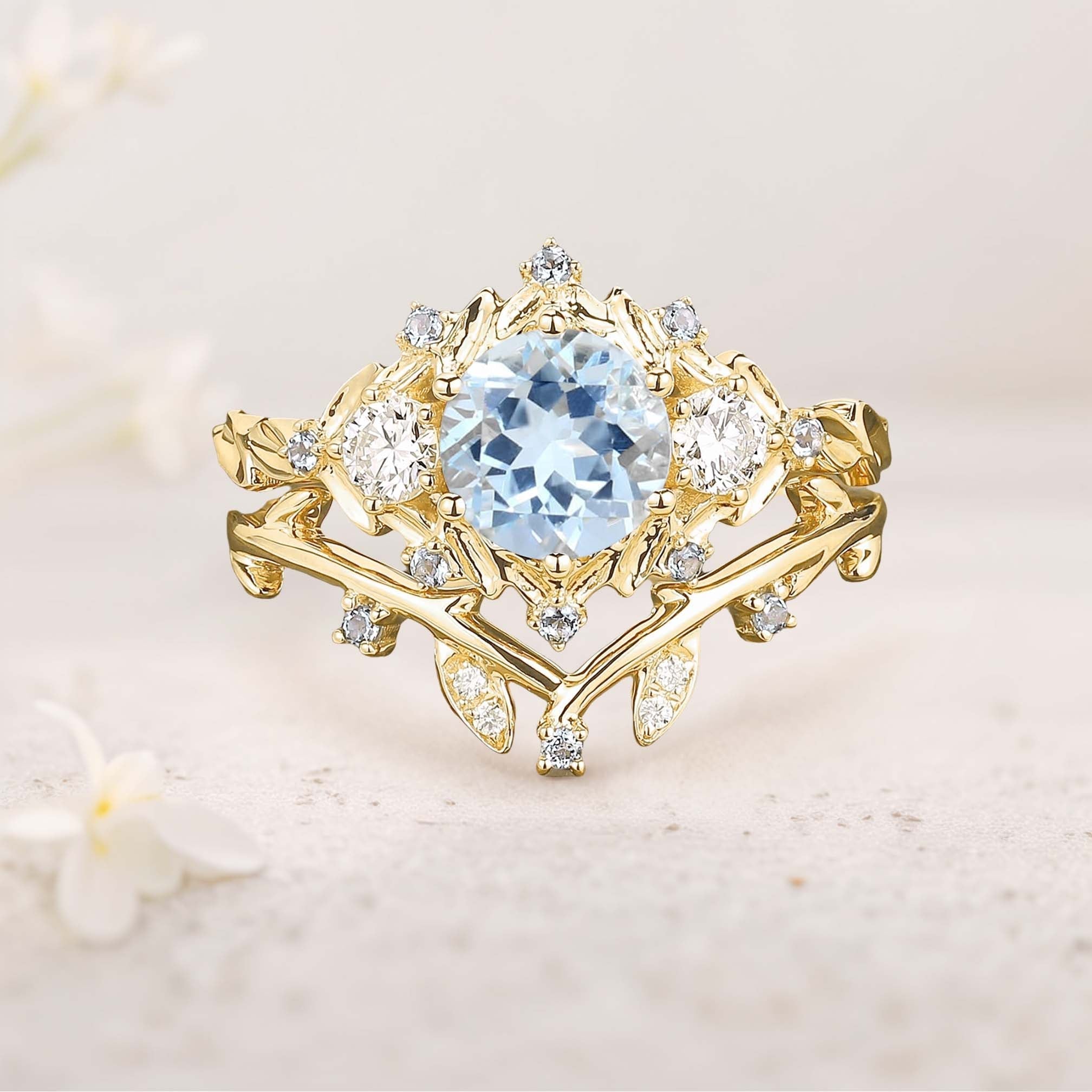Unique floral engagement rings Round Lab Aquamarine Leaf 18K Yellow Gold Engagement Ring Set