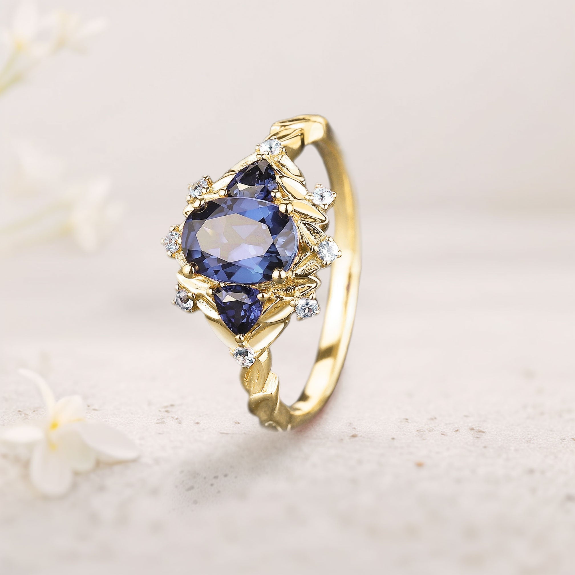 Unique floral engagement rings Oval Blue Lab Sapphire Cluster 18K Yellow Gold Wedding Ring Fairy Engagement Ring