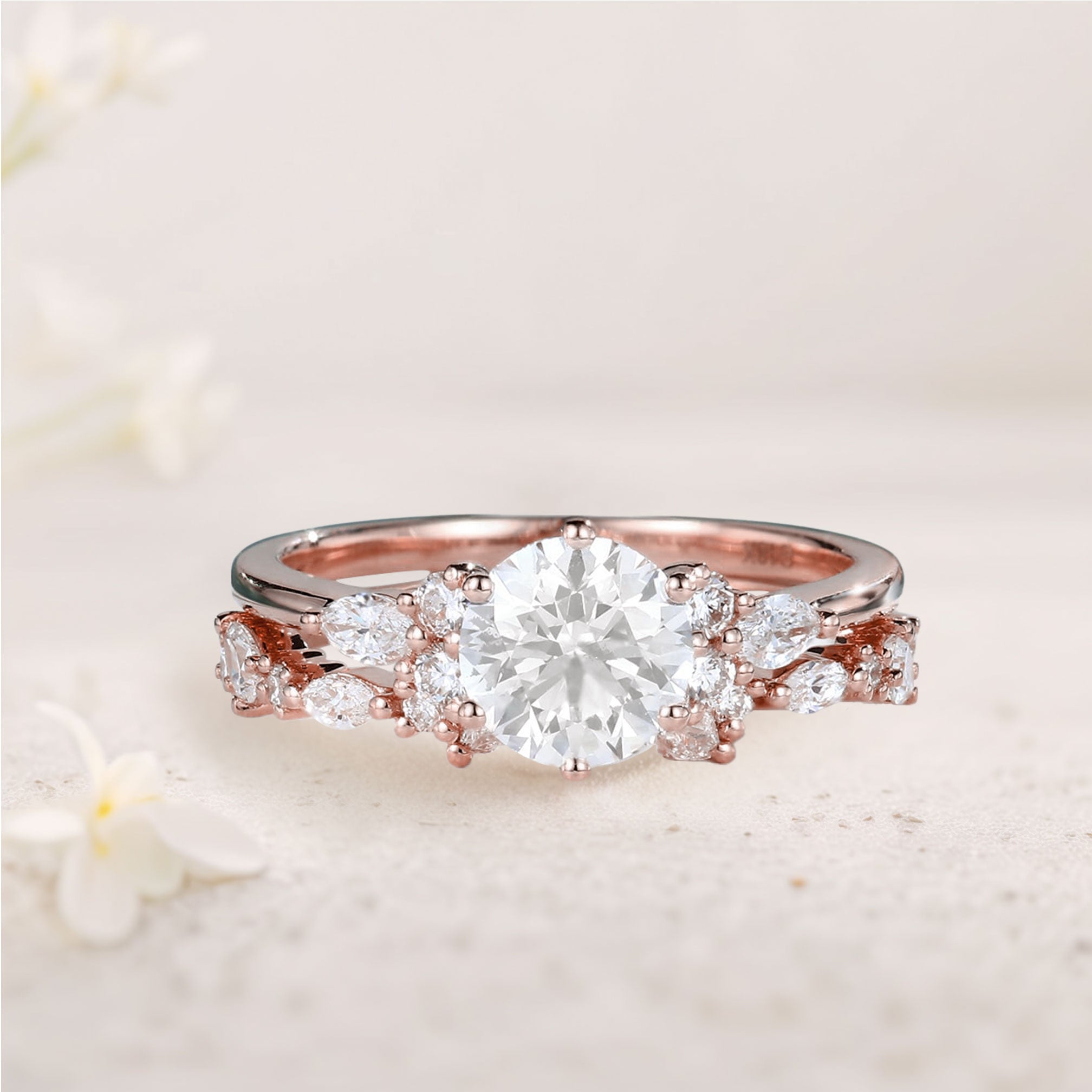 Unique Round Forever One Moissanite Bridal Ring Set Cluster 18K Rose Gold Engagement Ring