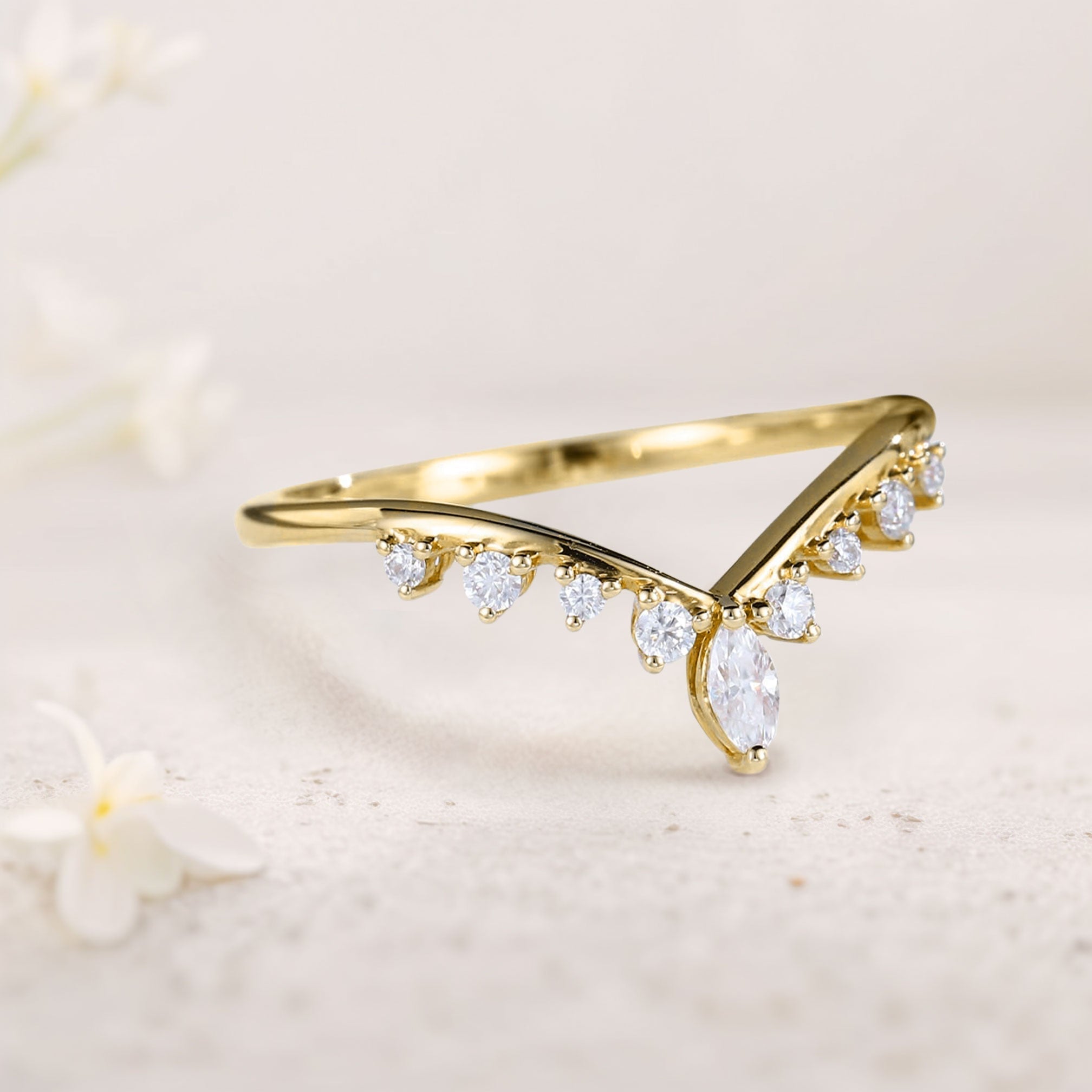 Unique Marquise and Round Moissanite Curved 18K Yellow Gold Wedding Band