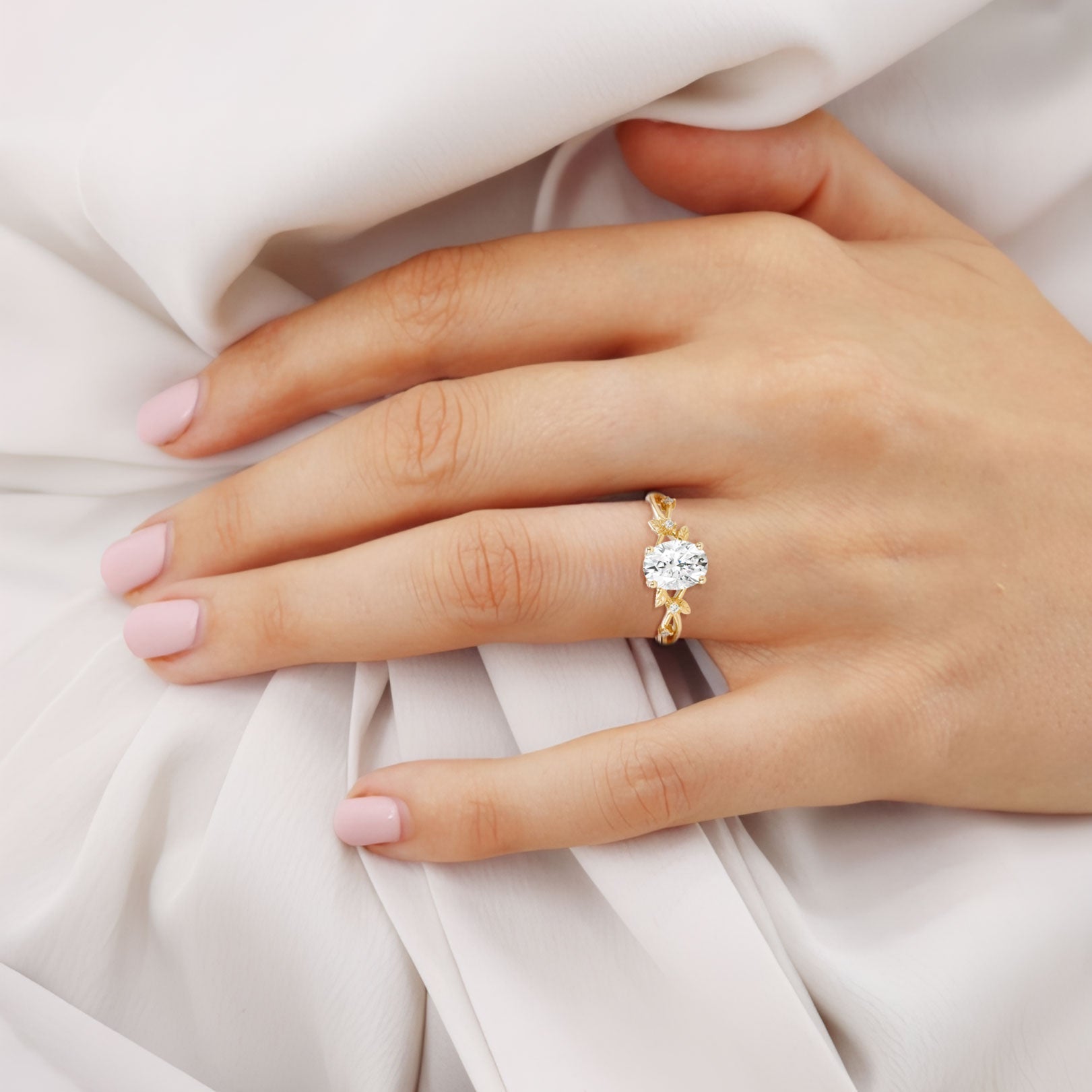 Unique floral engagement rings Oval Moissanite Leafy 18K Yellow Gold Engagement Ring