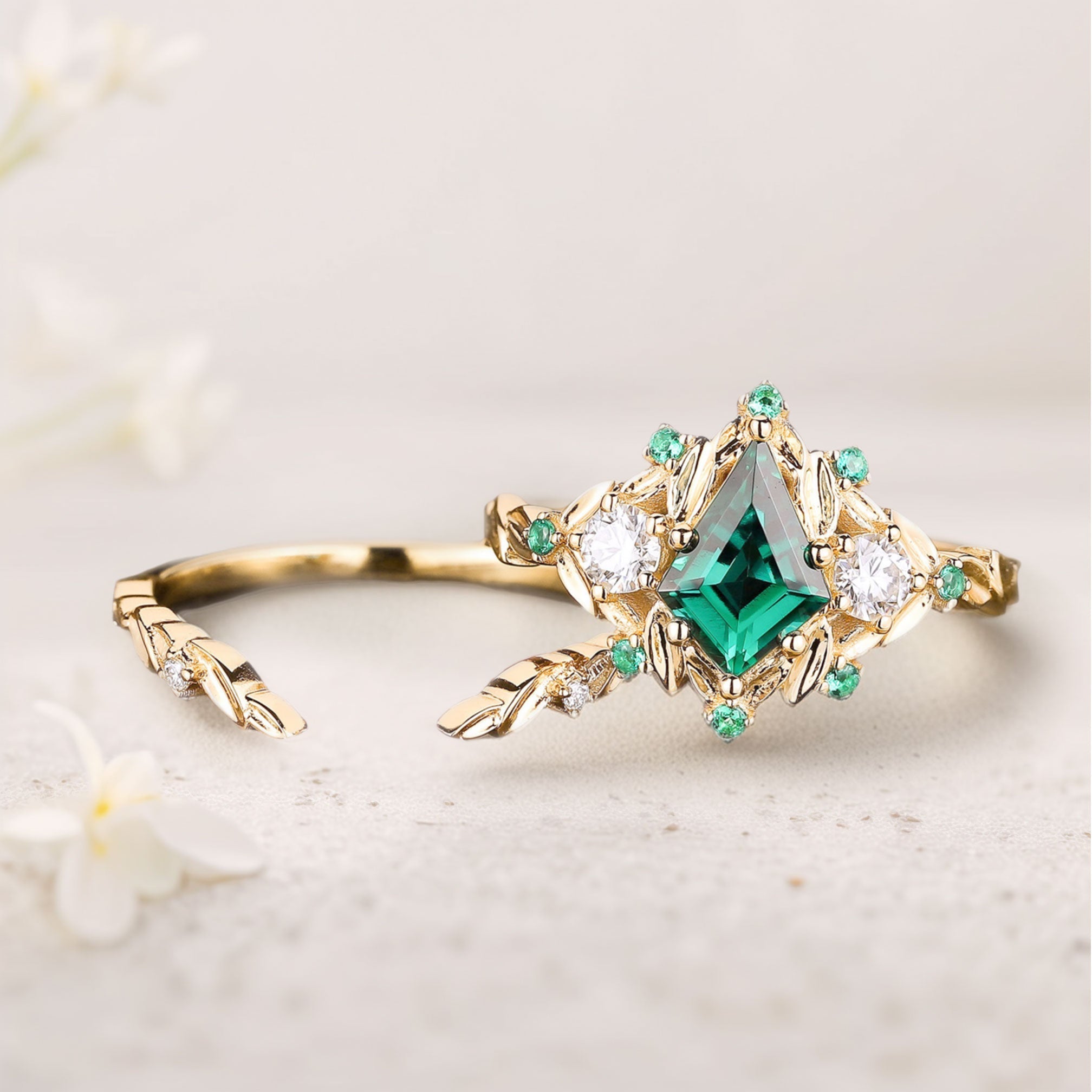 Unique floral engagement rings Kite Lab Emerald Engagement ring set leaf Emerald 18K Yellow Gold Wedding ring set