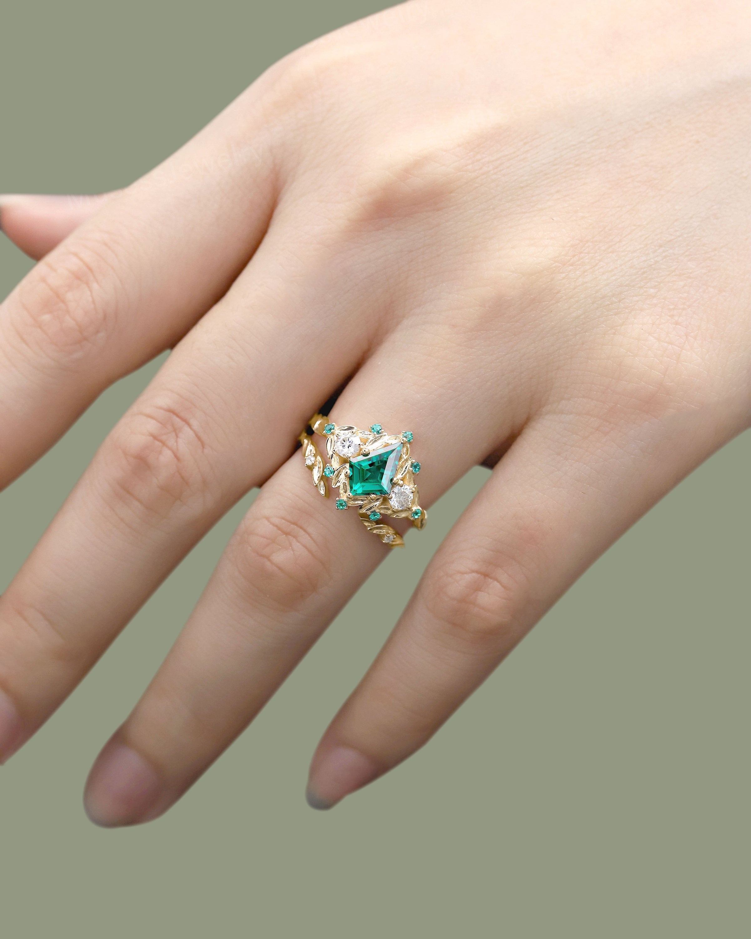 Unique floral engagement rings Kite Lab Emerald Engagement ring set leaf Emerald 18K Yellow Gold Wedding ring set