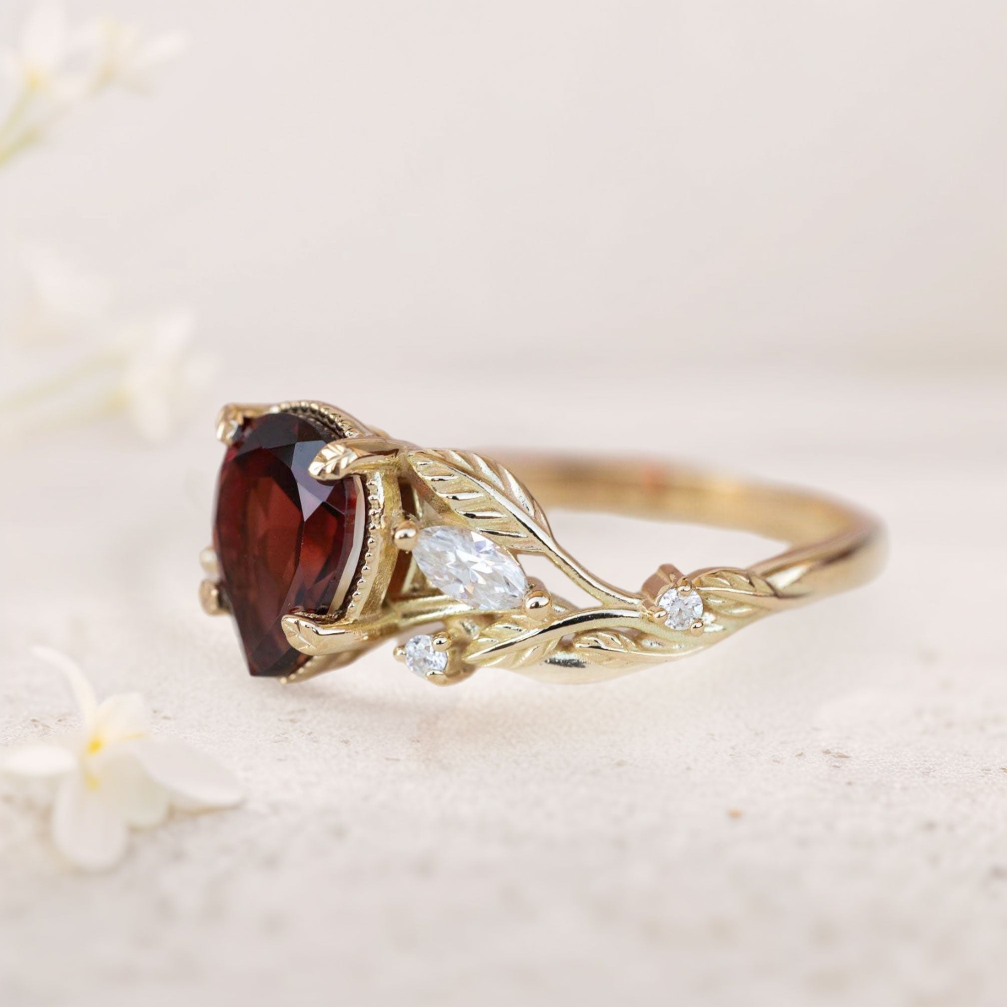 Unique floral engagement rings Pear Garnet 18K Yellow Gold Engagement Ring flower Ring