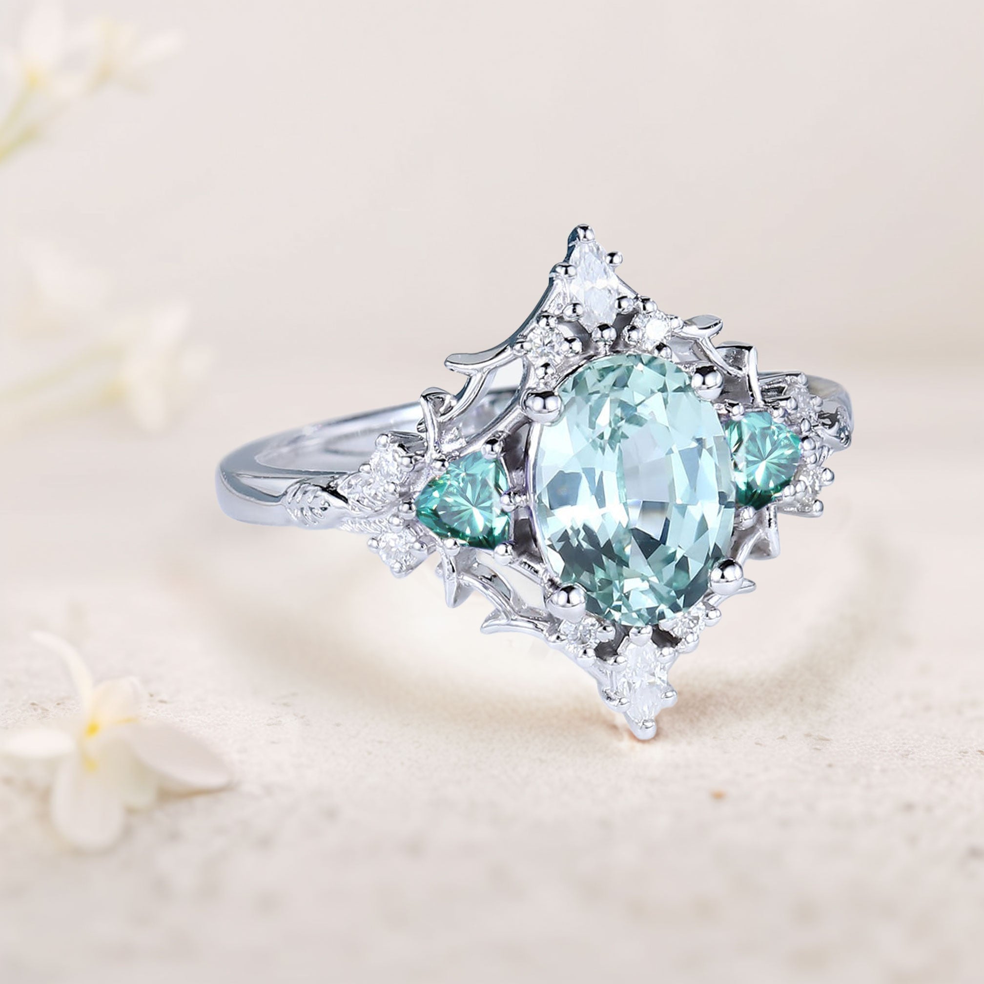 Vintage Briar Rose Oval Green Lab Sapphire and Teal Moissanite 18K White Gold Engagement Ring Filigree Ring