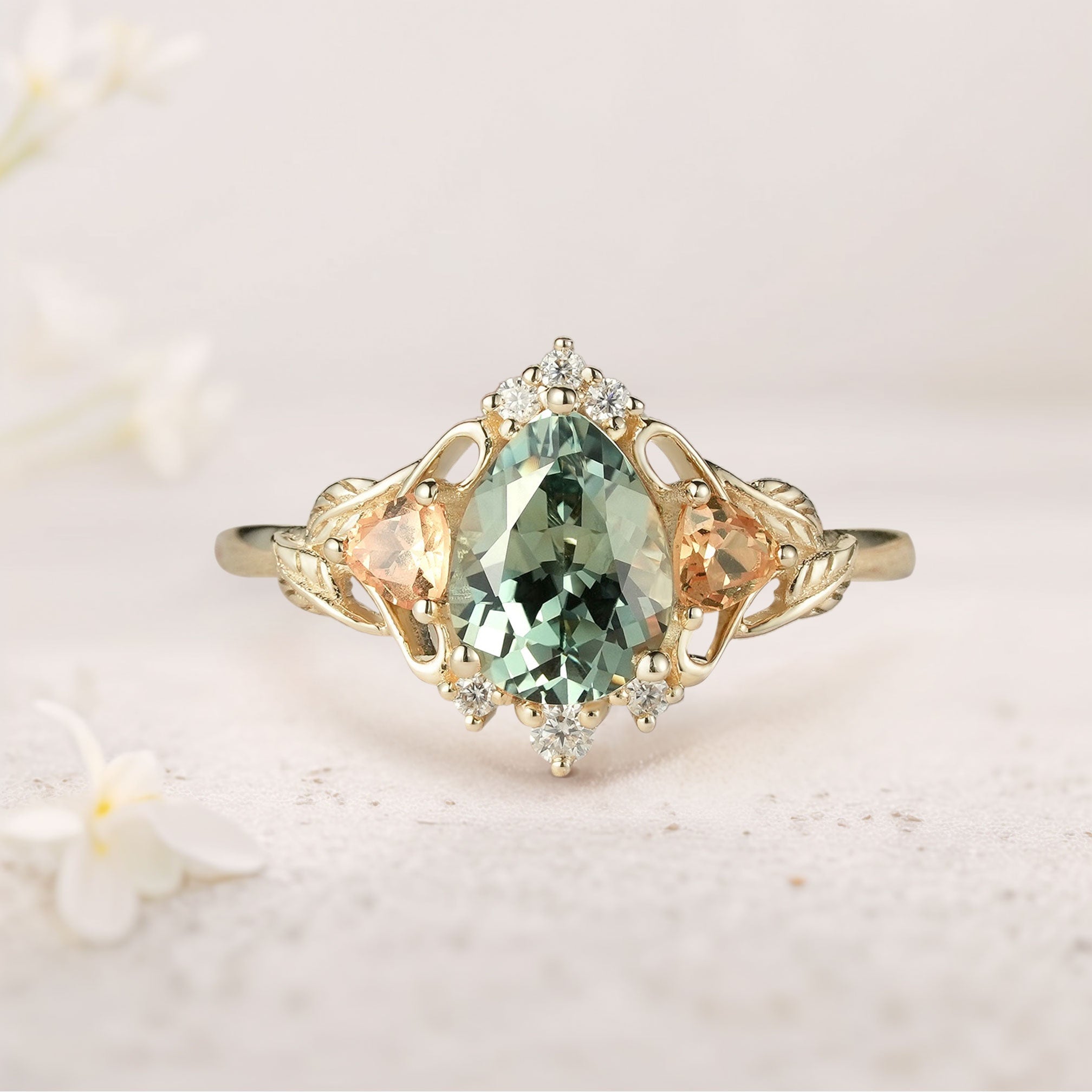 Vintage Pear Green Lab Sapphire Leaf 18K Yellow Gold Ring