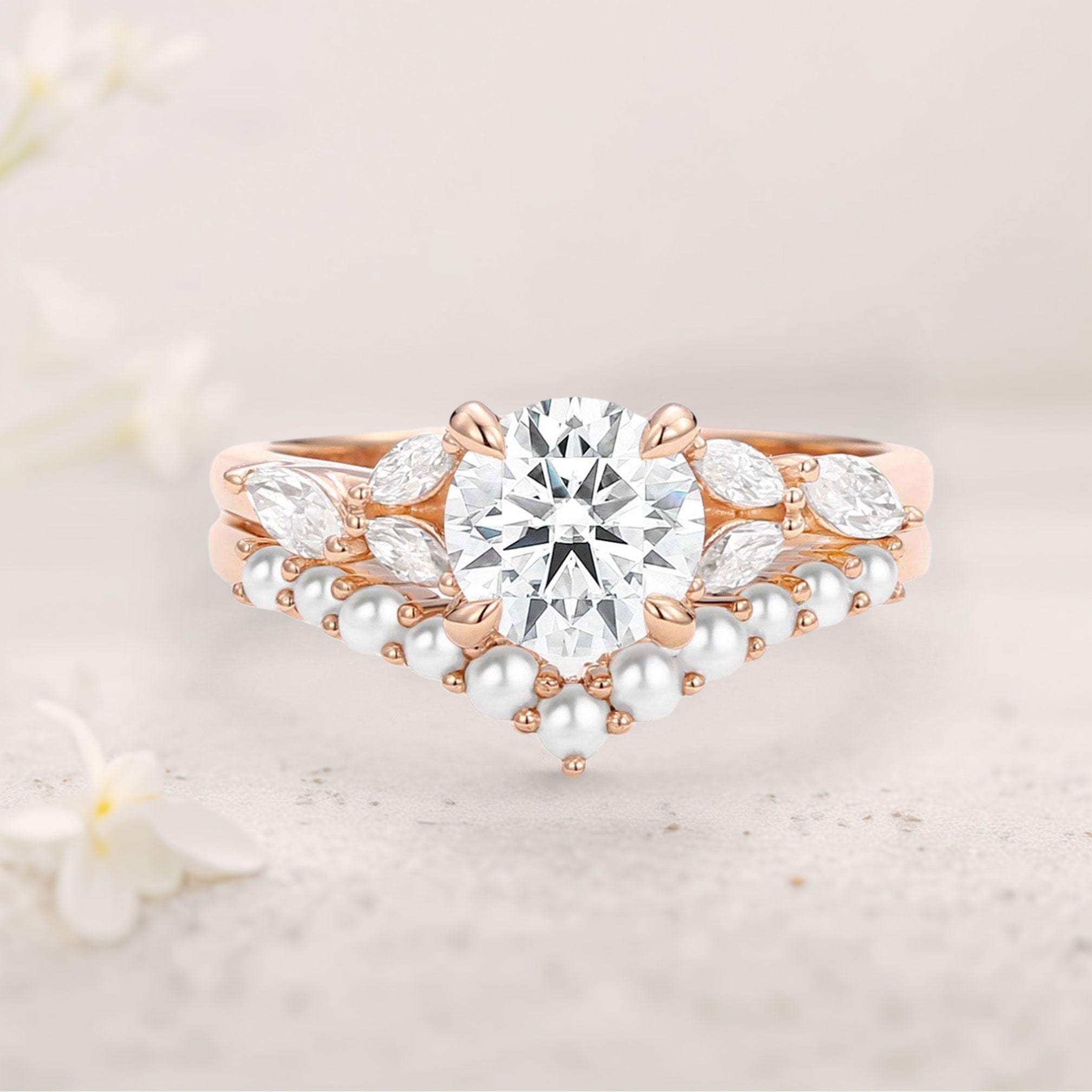 Unique floral engagement rings Round Moissanite and Pearl 18K Yellow Gold Engagement Ring Set