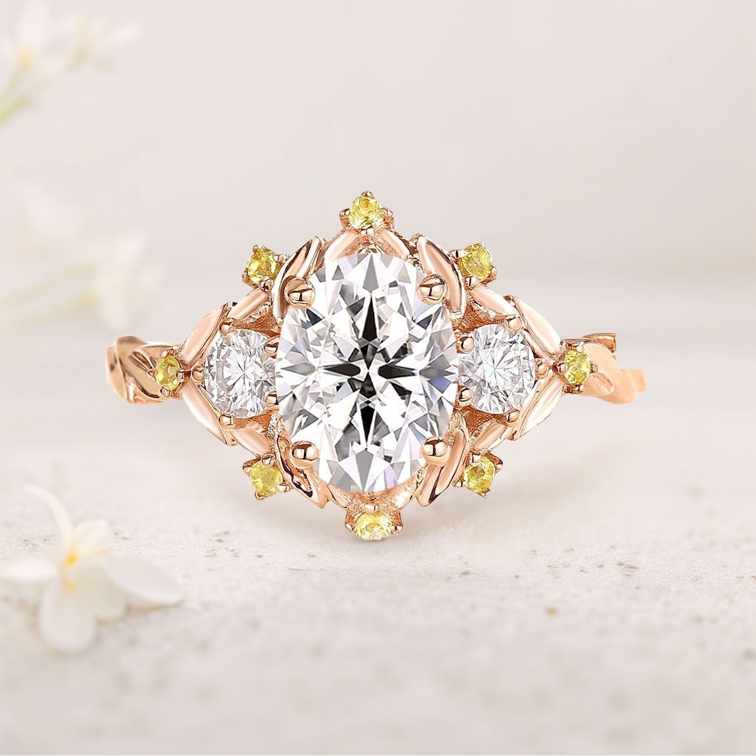 Unique floral engagement rings Oval Moissanite Cluster 18K Yellow Gold Wedding Ring Fairy Engagement Ring