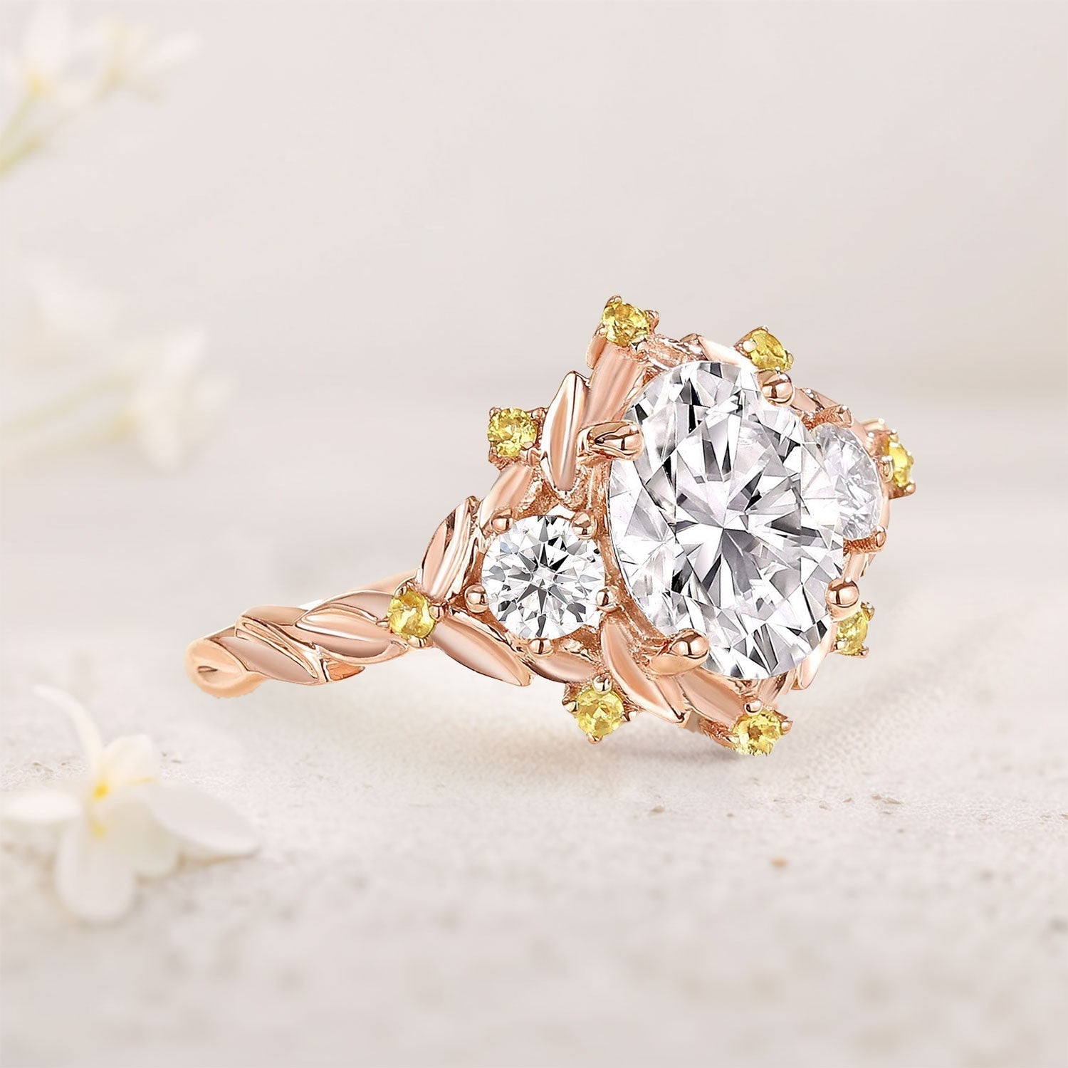 Unique floral engagement rings Oval Moissanite Cluster 18K Yellow Gold Wedding Ring Fairy Engagement Ring