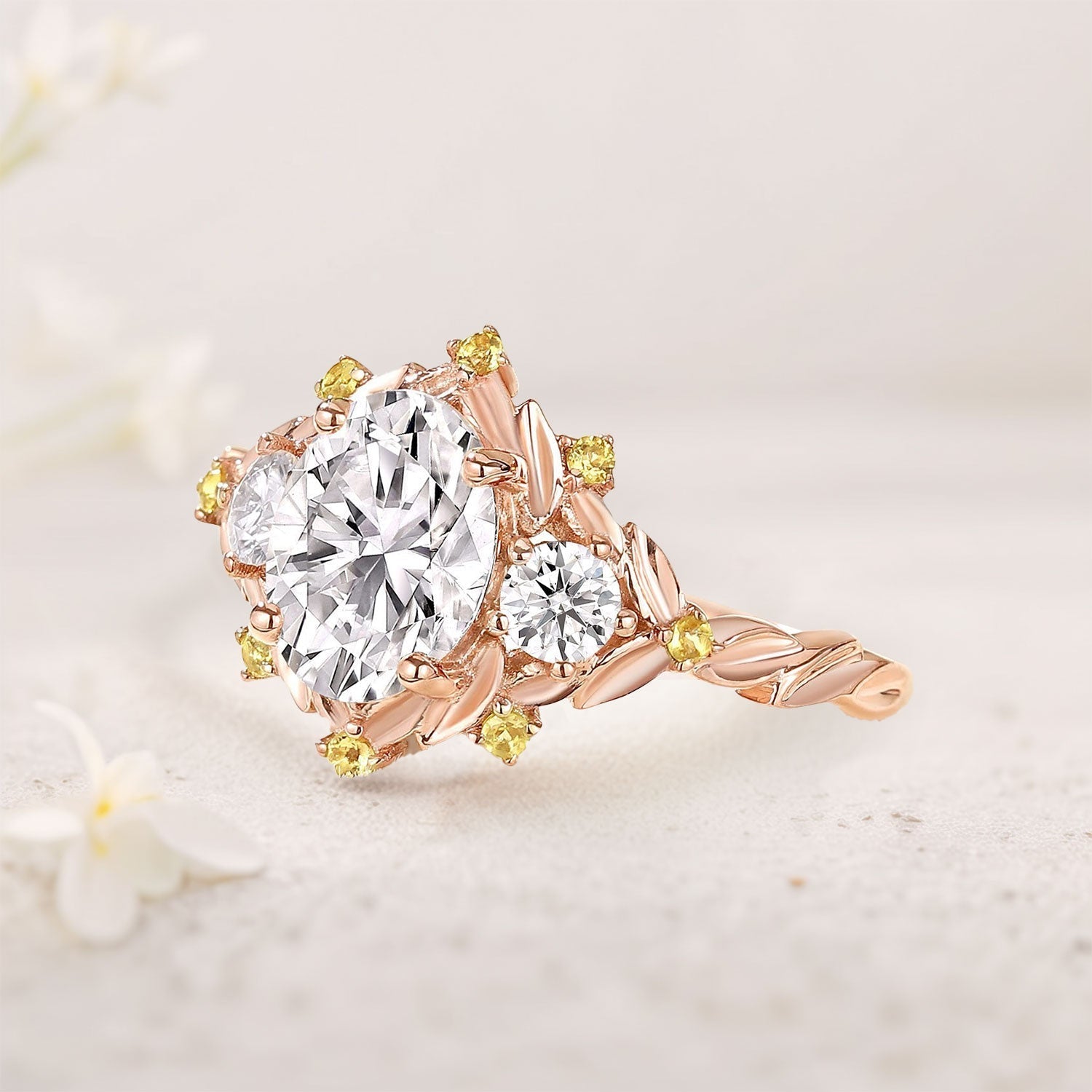 Unique floral engagement rings Oval Moissanite Cluster 18K Yellow Gold Wedding Ring Fairy Engagement Ring