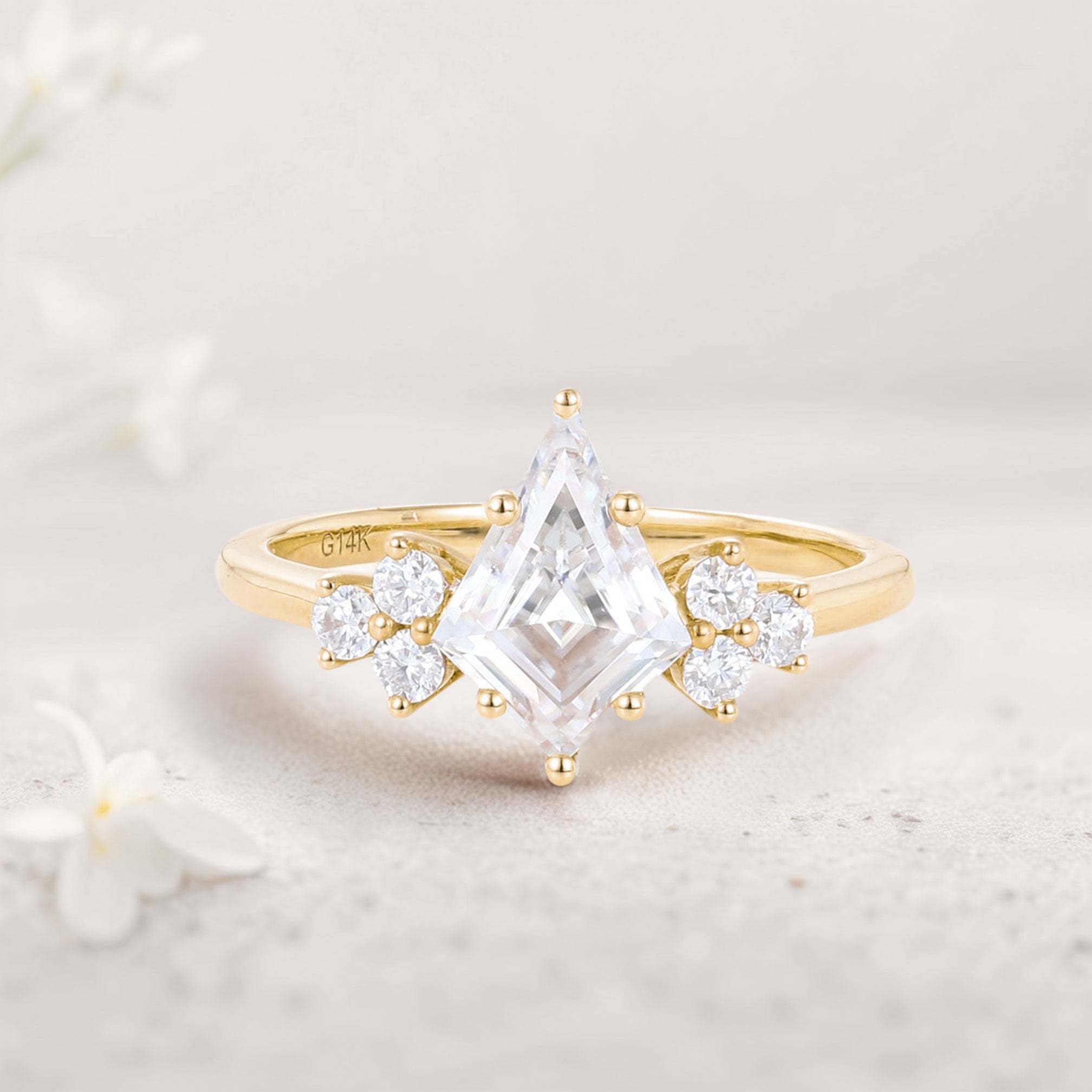 Unique Kite Moissanite 18K Yellow Gold Engagement Ring Cluster Promise Ring