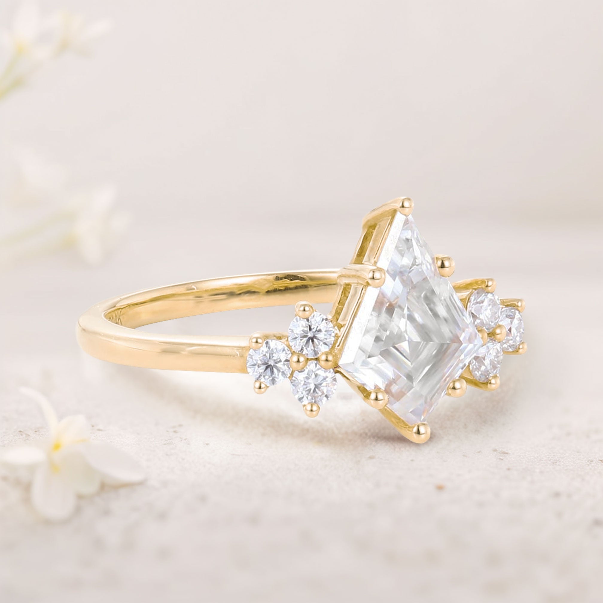 Unique Kite Moissanite 18K Yellow Gold Engagement Ring Cluster Promise Ring