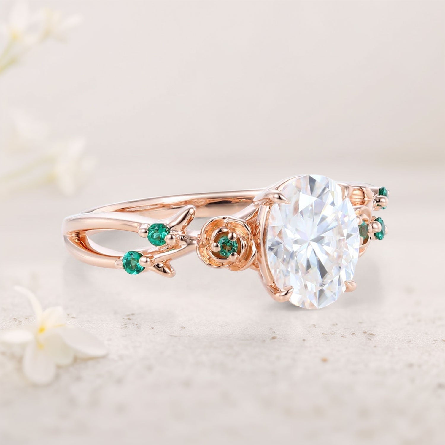 Unique floral engagement rings Oval Moissanite 18K Yellow Gold Engagement Promise Ring