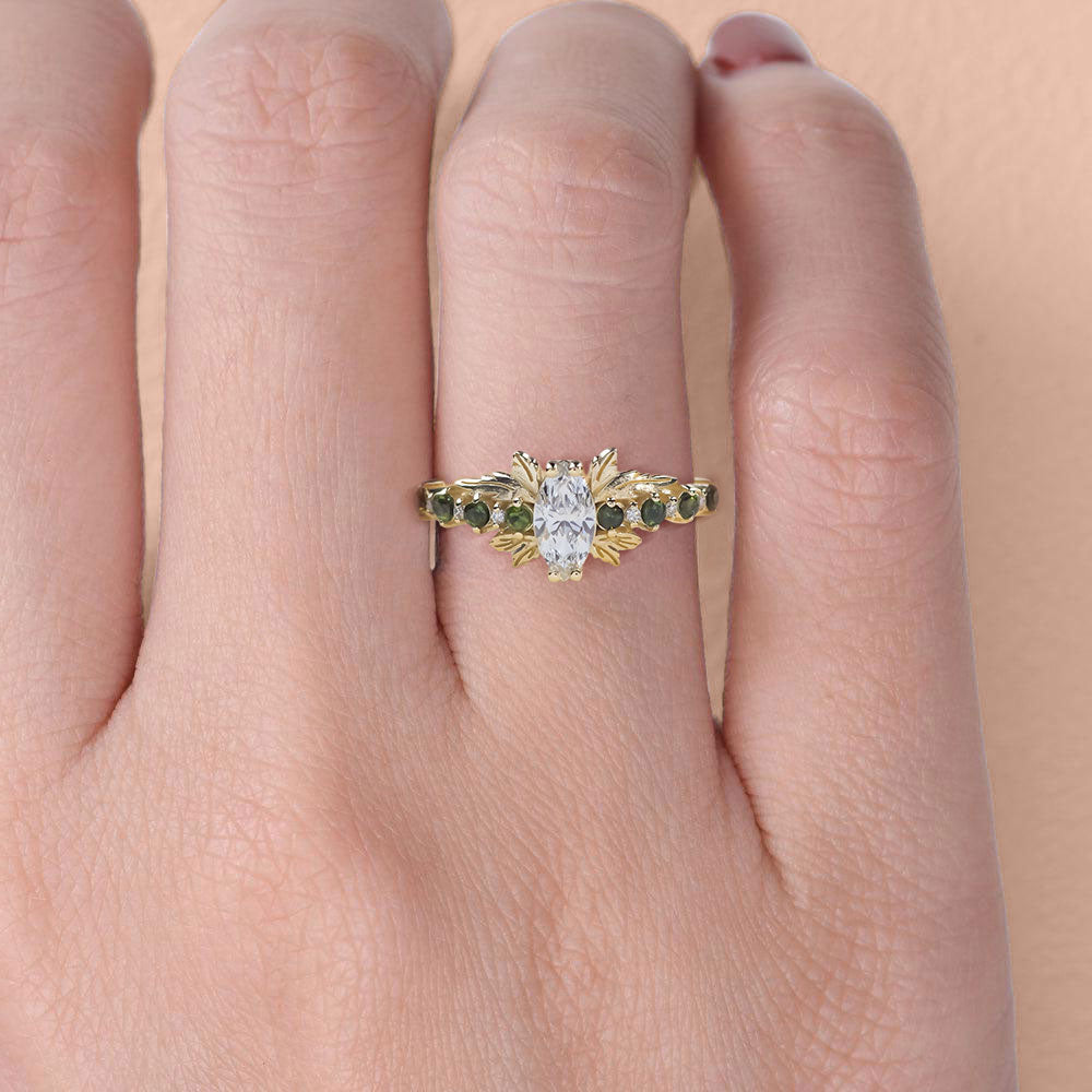 Unique floral engagement rings Marquise Moissanite and tourmalines 18K Yellow Gold engagement ring