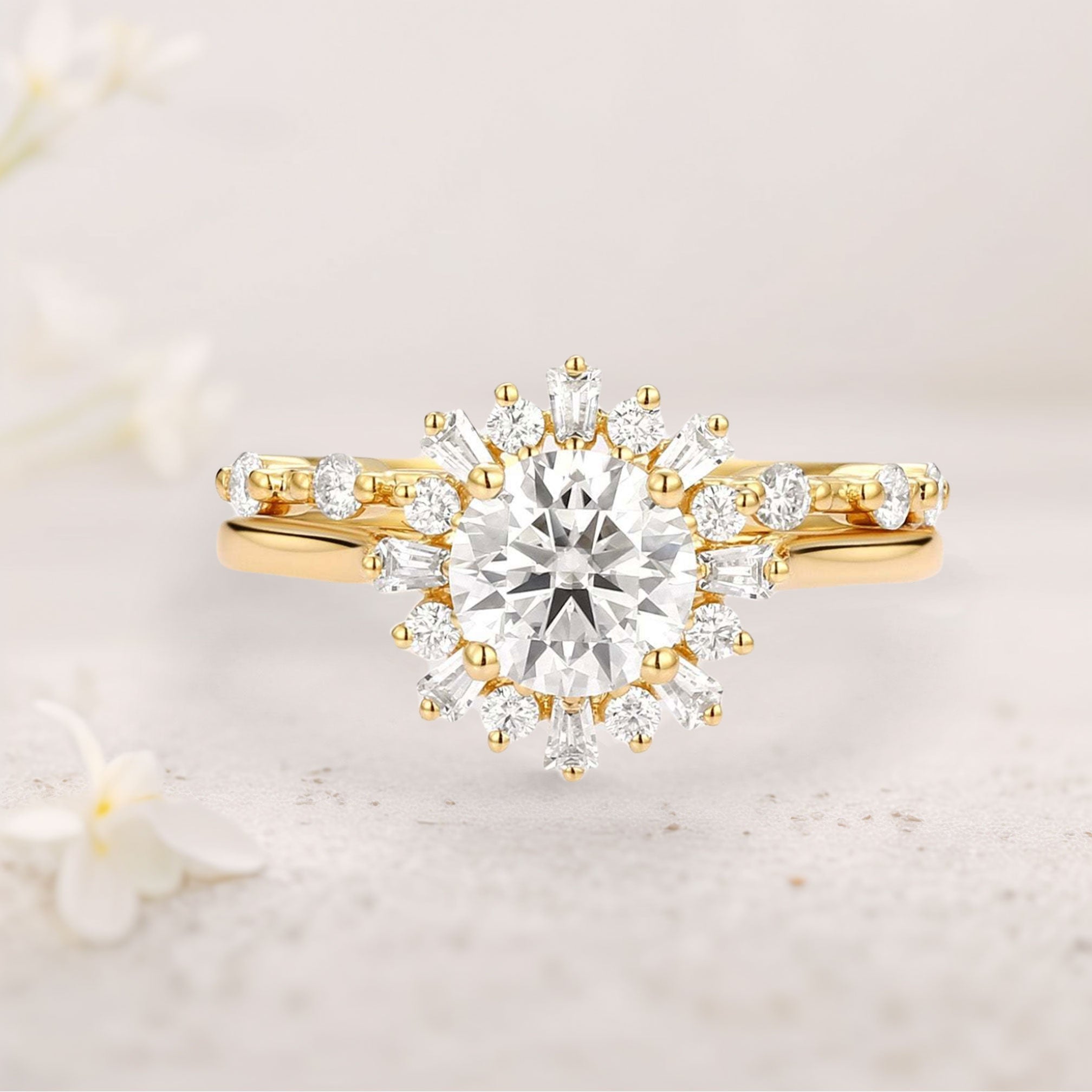 Unique floral engagement rings Round Moissanite Halo 18K Yellow Gold Floral Ring Set