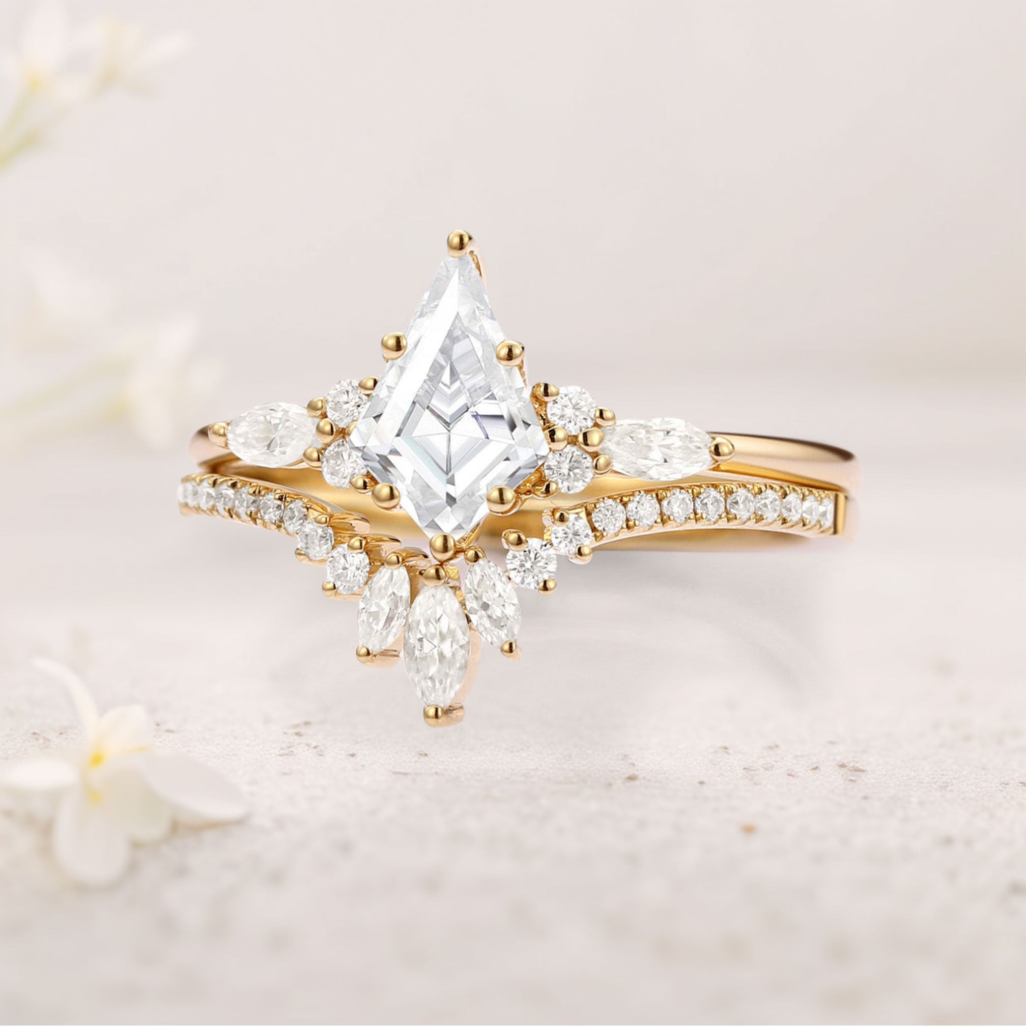 Unique floral engagement rings Kite Moissanite Classic 18K Yellow Gold Engagement Ring Set