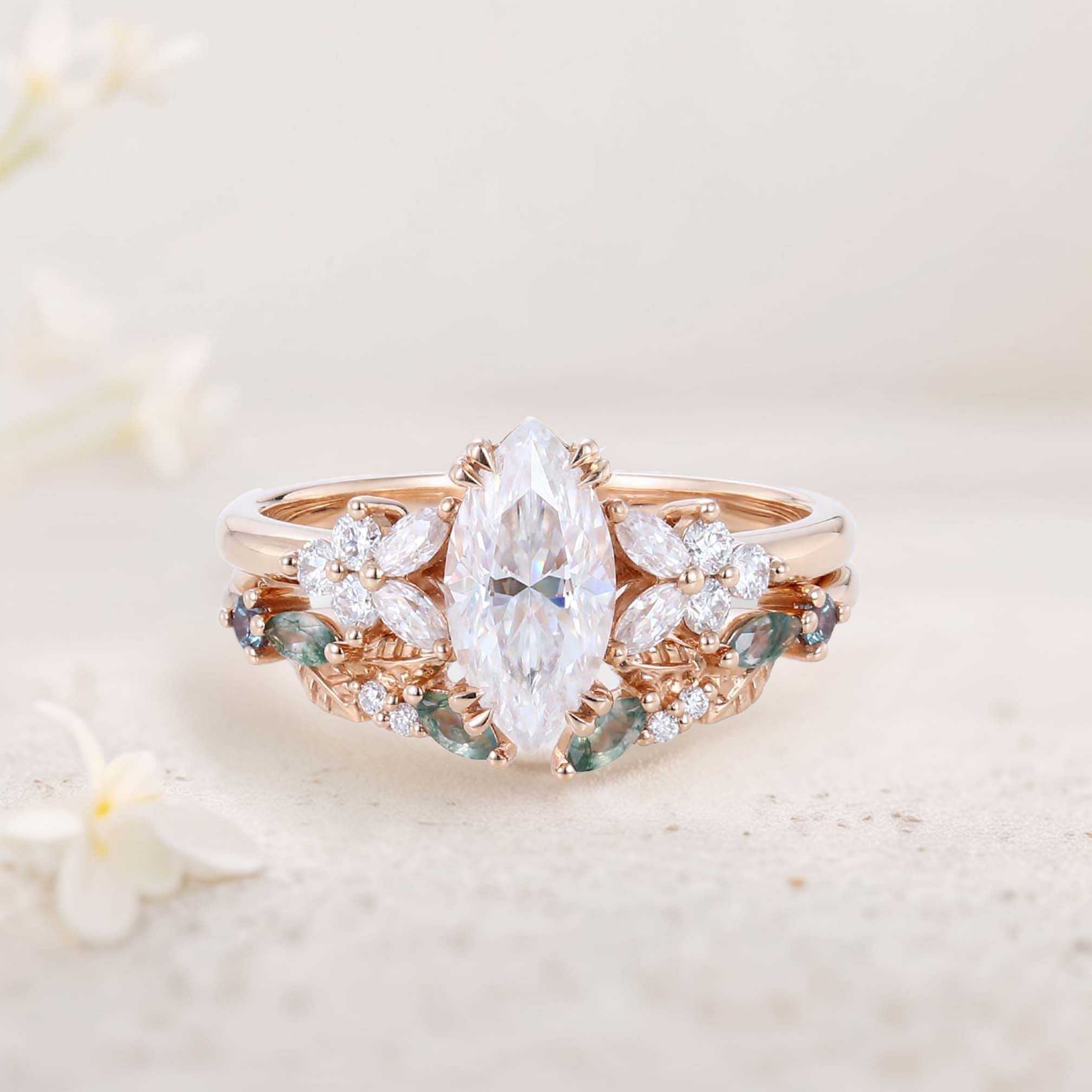 Vintage Marquise Moissanite 18K Rose Gold Engagement ring set Cluster shank leaf Bridal Set