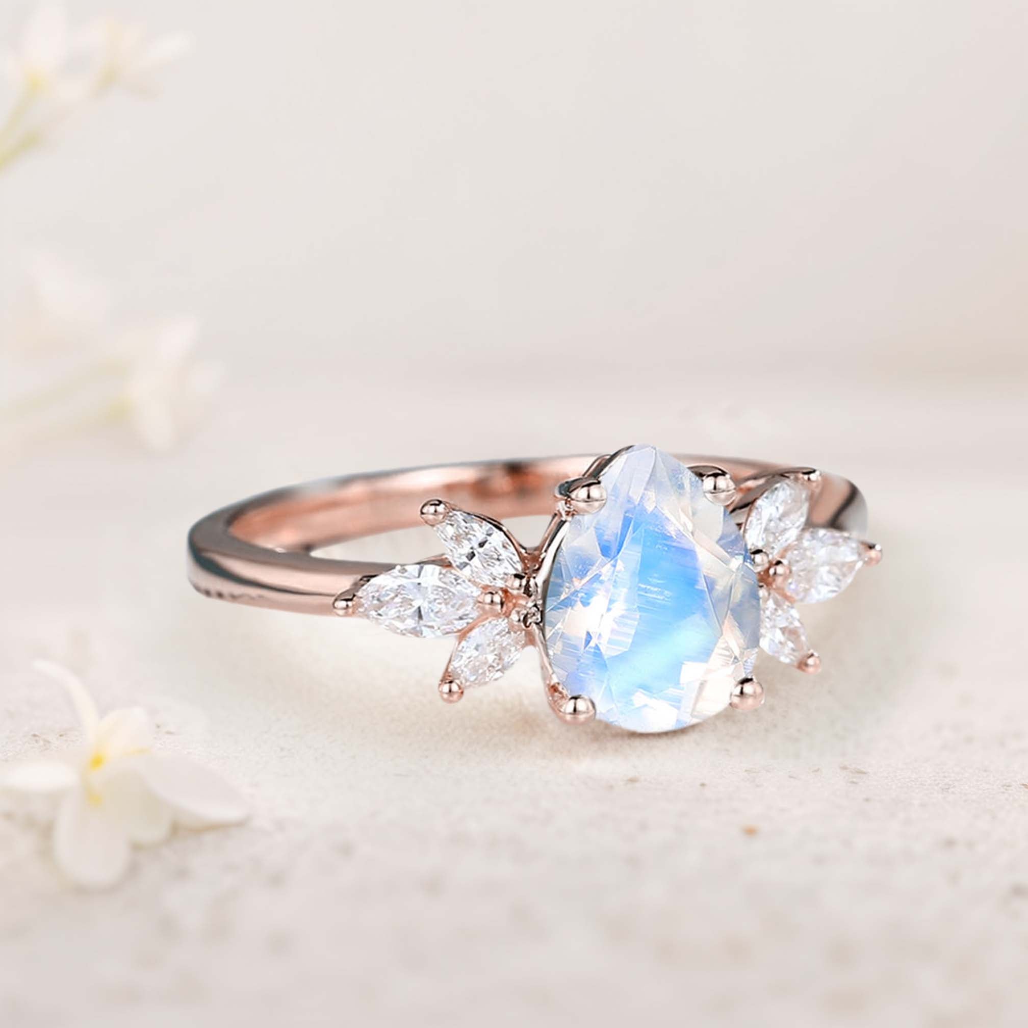 Unique Pear Lab Moonstone 18K Rose Gold Engagement Ring Simple Cluster Bridal Ring