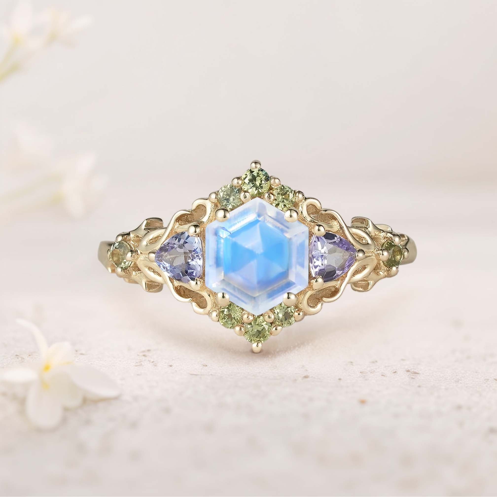 Unique floral engagement rings Three Stone Hexagon Lab Moonstone and Blue sapphire 18K Yellow Gold Leaf Ring