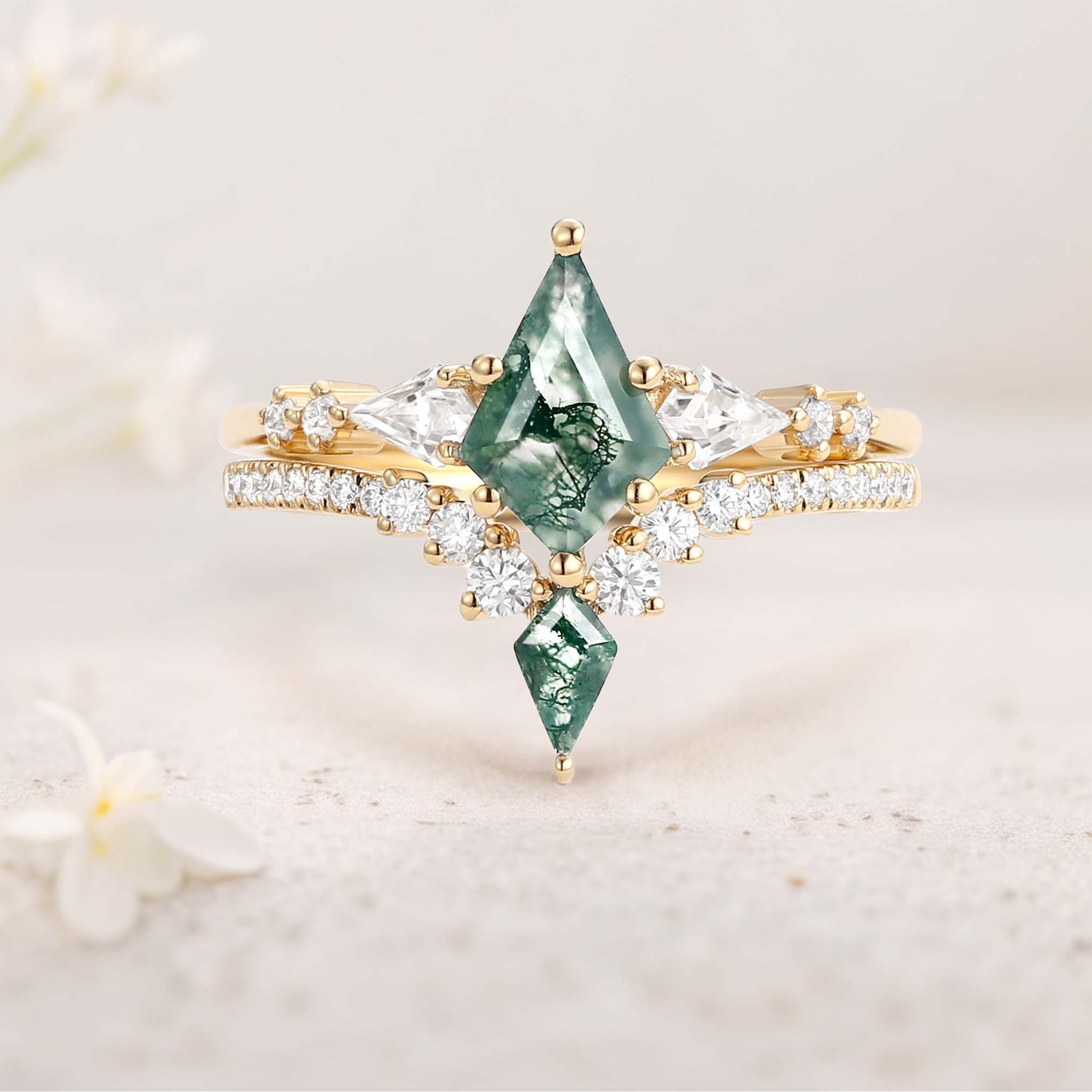 Unique floral engagement rings Twin Flames Kite Moss Agate 18K Yellow Gold Wedding Ring Set