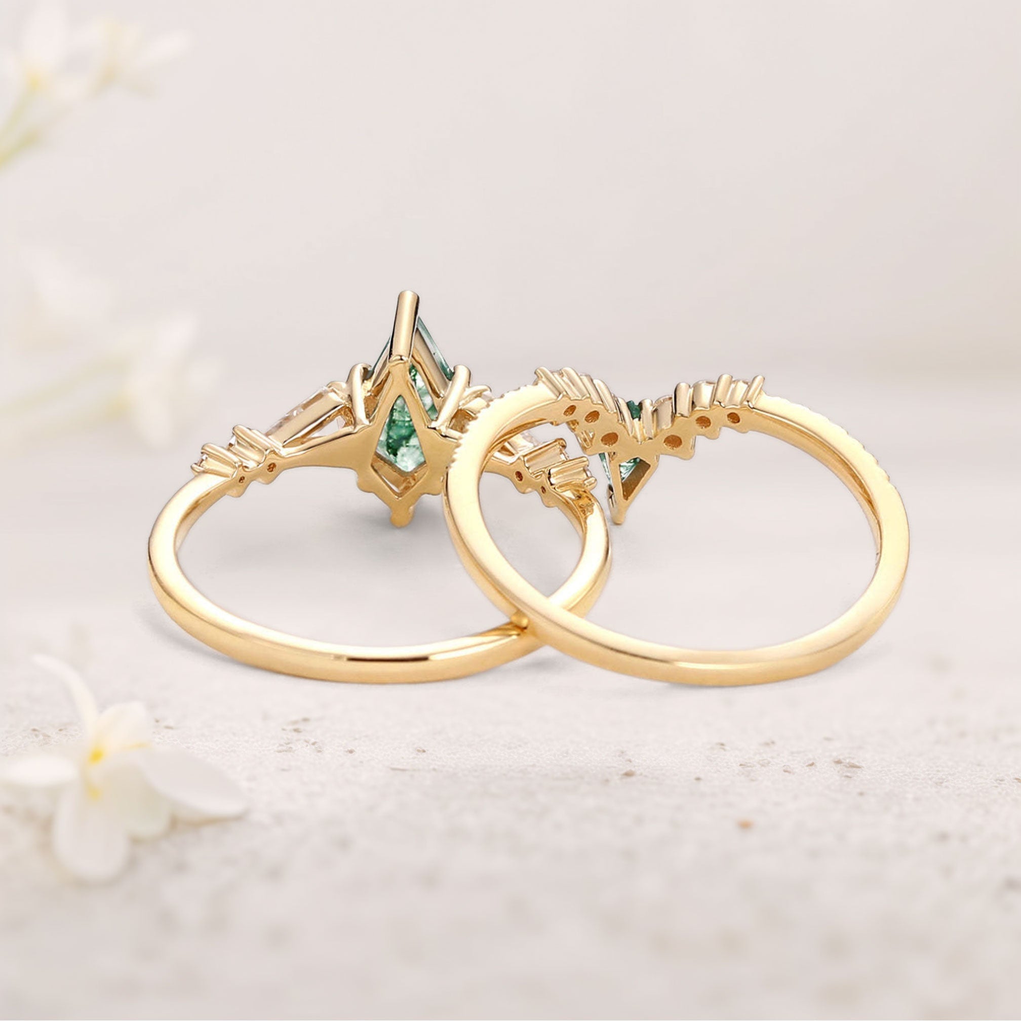 Unique floral engagement rings Twin Flames Kite Moss Agate 18K Yellow Gold Wedding Ring Set