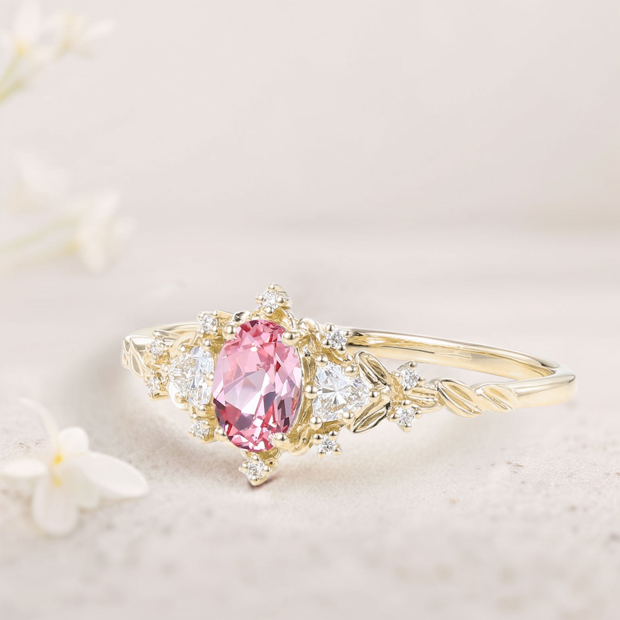 Classic Briar Rose Oval Pink Lab Padparadscha Olive Leaves 18K Yellow Gold Engagement Ring Fairy Ring