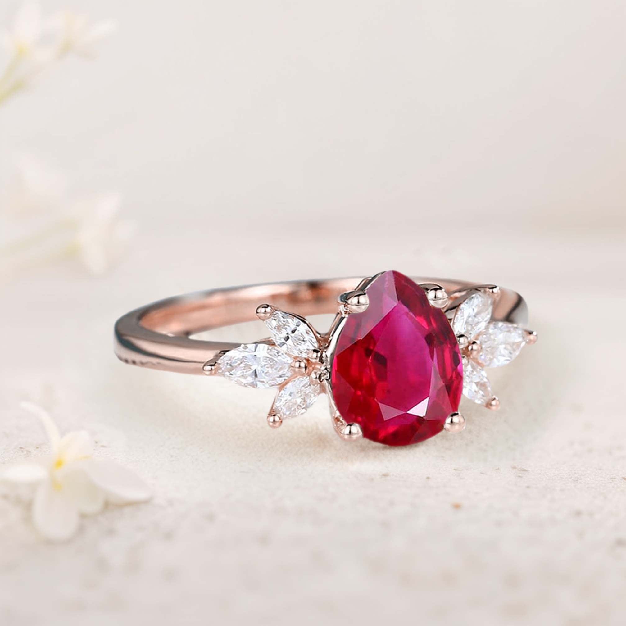 Unique Pear Lab Ruby 18K Rose Gold Engagement Ring Simple Cluster Bridal Ring
