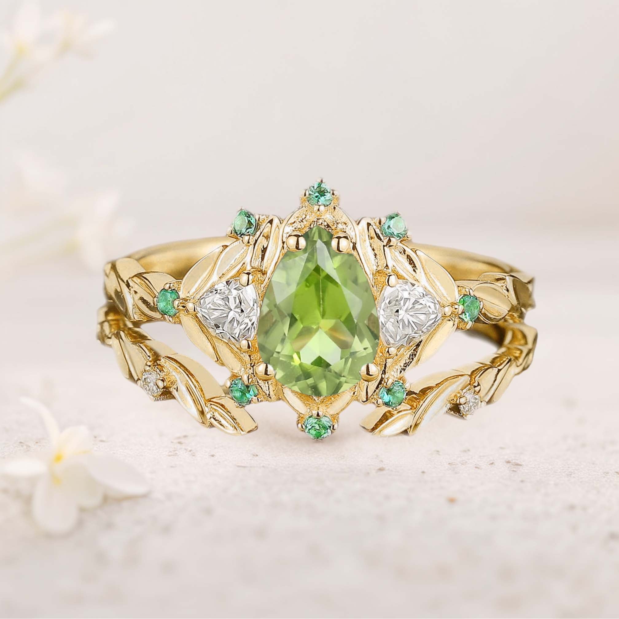 Unique floral engagement rings Pear Peridot Engagement Ring Set Emerald Cluster Leaf 18K Yellow Gold Wedding Ring Set