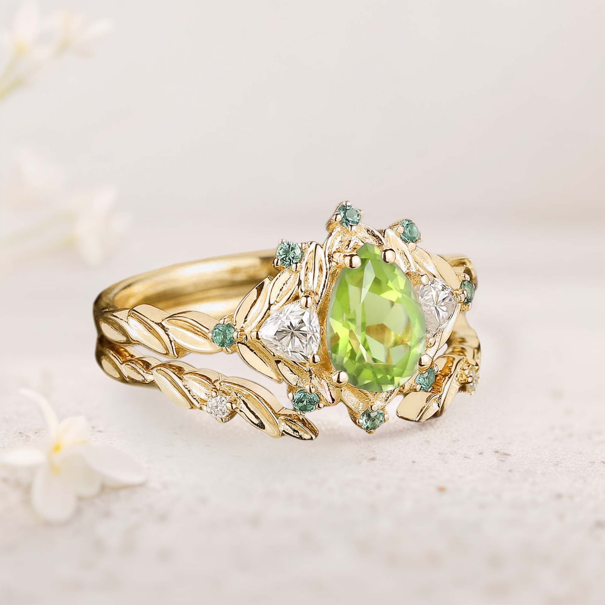 Unique floral engagement rings Pear Peridot Engagement Ring Set Emerald Cluster Leaf 18K Yellow Gold Wedding Ring Set