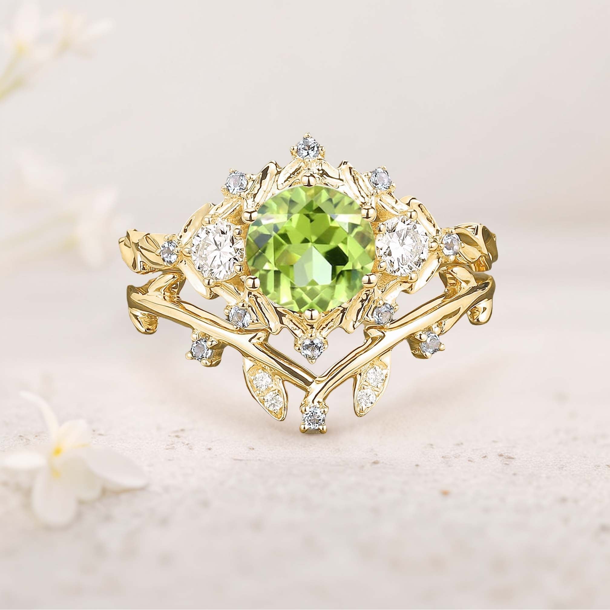 Unique Round Peridot Leaf Engagement Ring Set Moissanite Cluster Flower 18K Yellow Gold Wedding Ring Set