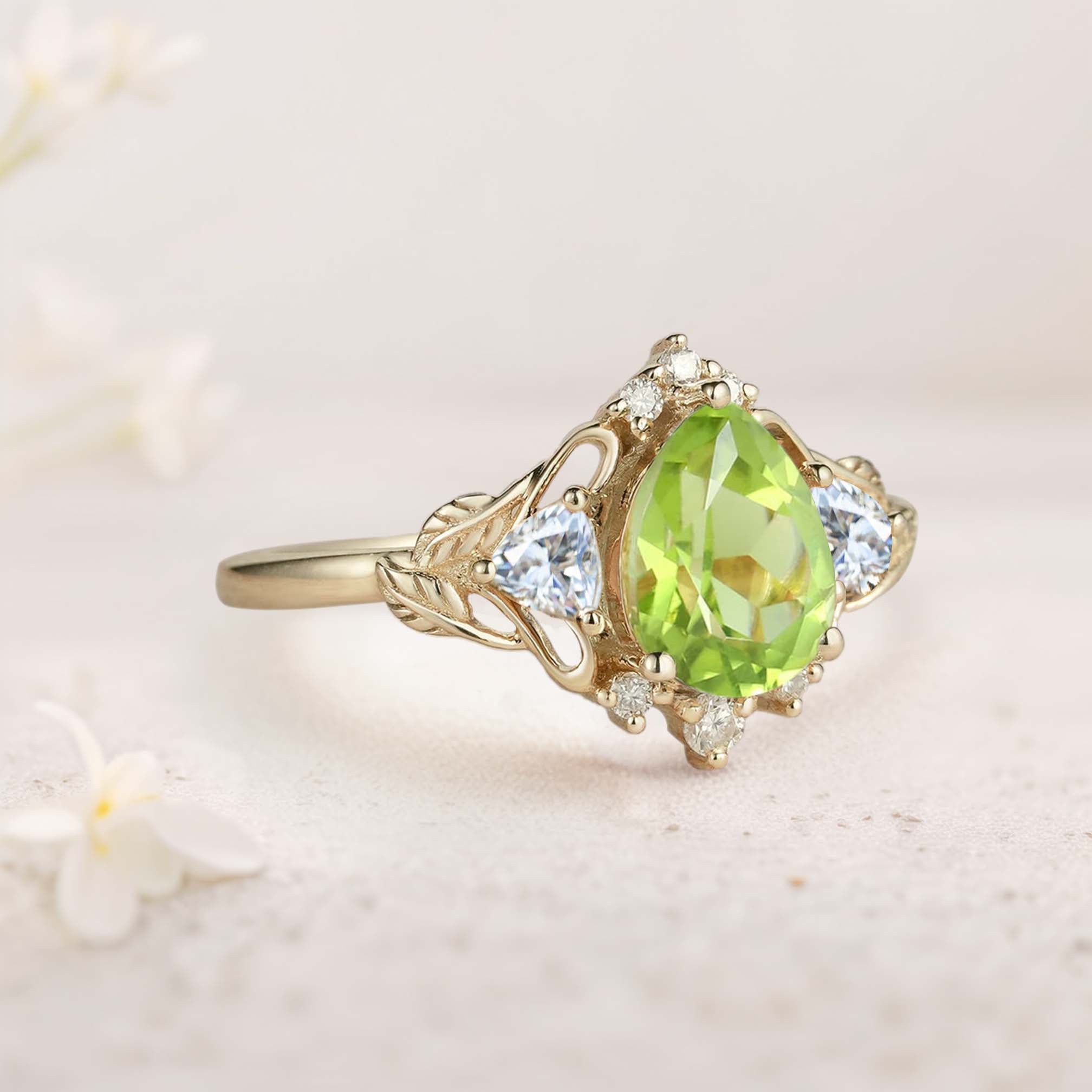 Unique Pear Peridot and Moissanite side stones Leaf Ring 18K Yellow Gold Engagement Ring