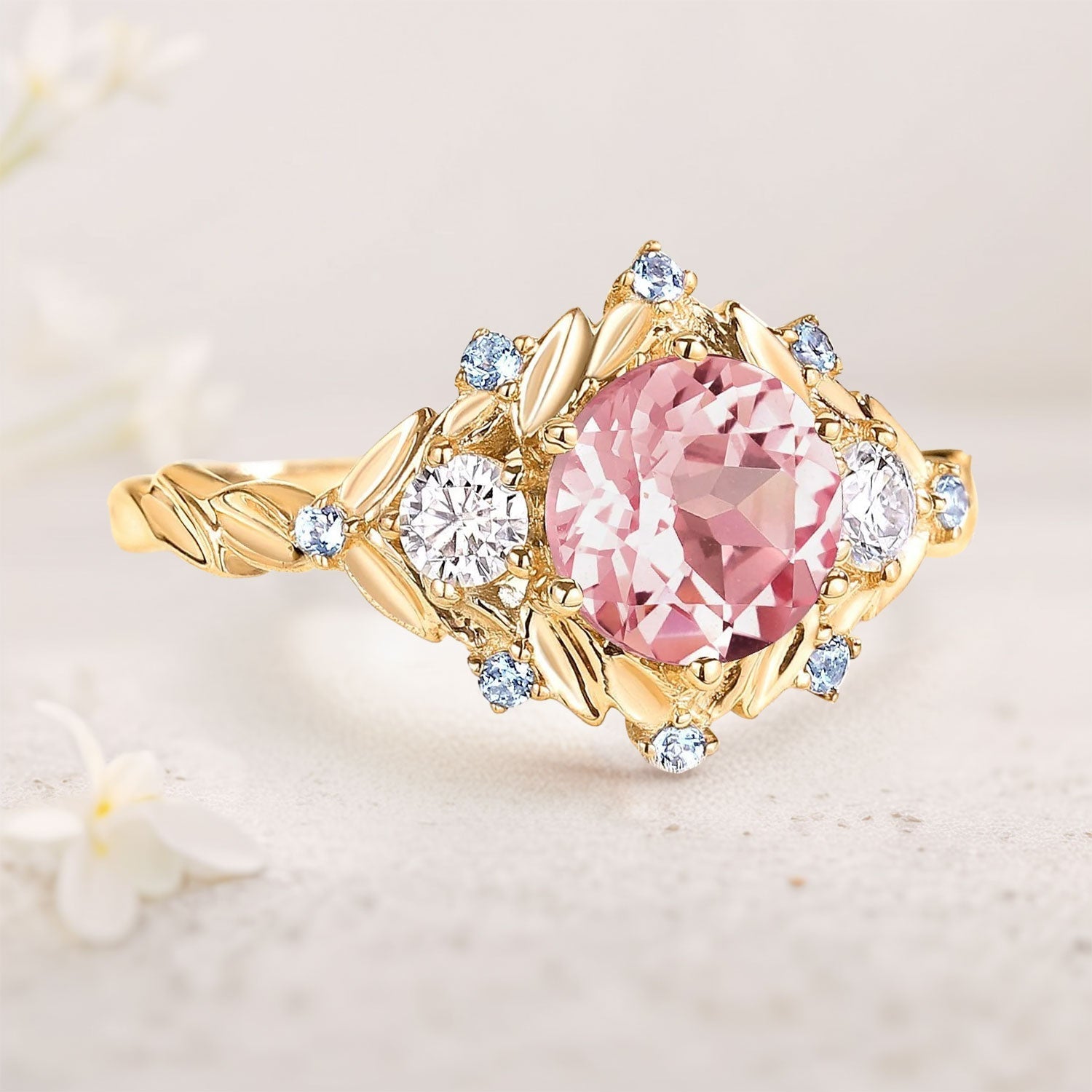 Unique Round Pink Lab Sapphire 18K Yellow Gold engagement ring leaf Wedding Ring
