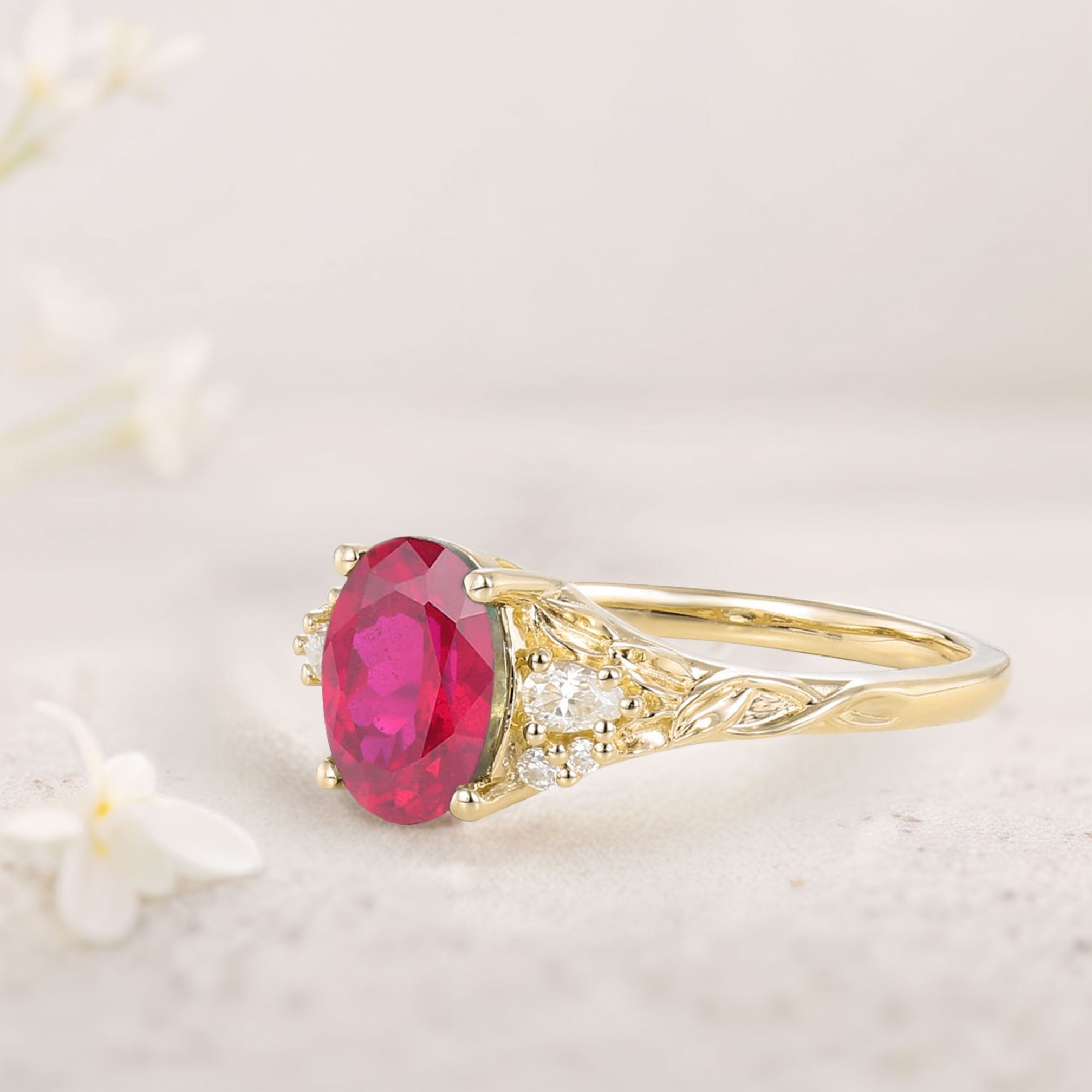 Unique Oval Lab Ruby and Moissanite 18K Yellow Gold Wedding Ring
