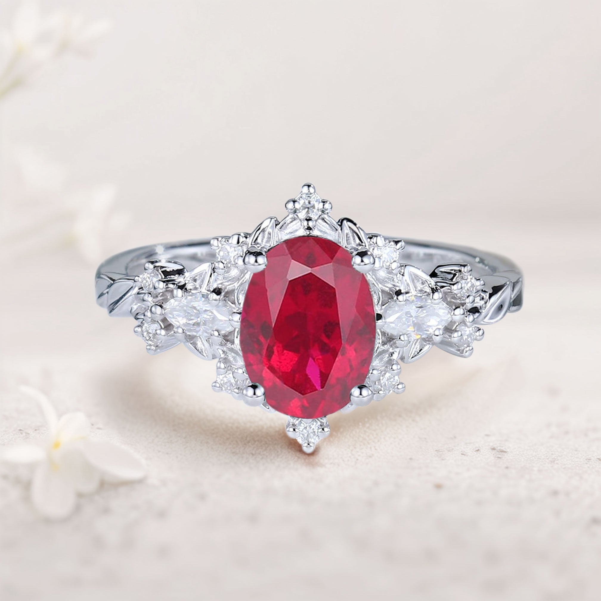 Vintage Briar Rose Oval Lab Ruby 18K White Gold Engagement Ring Vine Ring