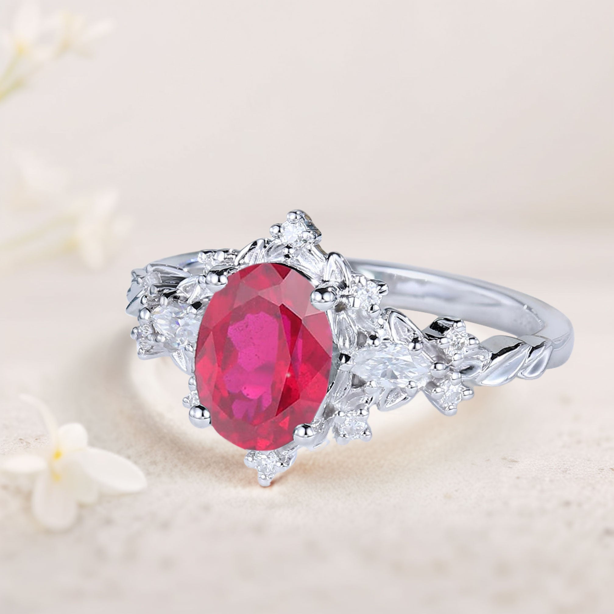 Vintage Briar Rose Oval Lab Ruby 18K White Gold Engagement Ring Vine Ring