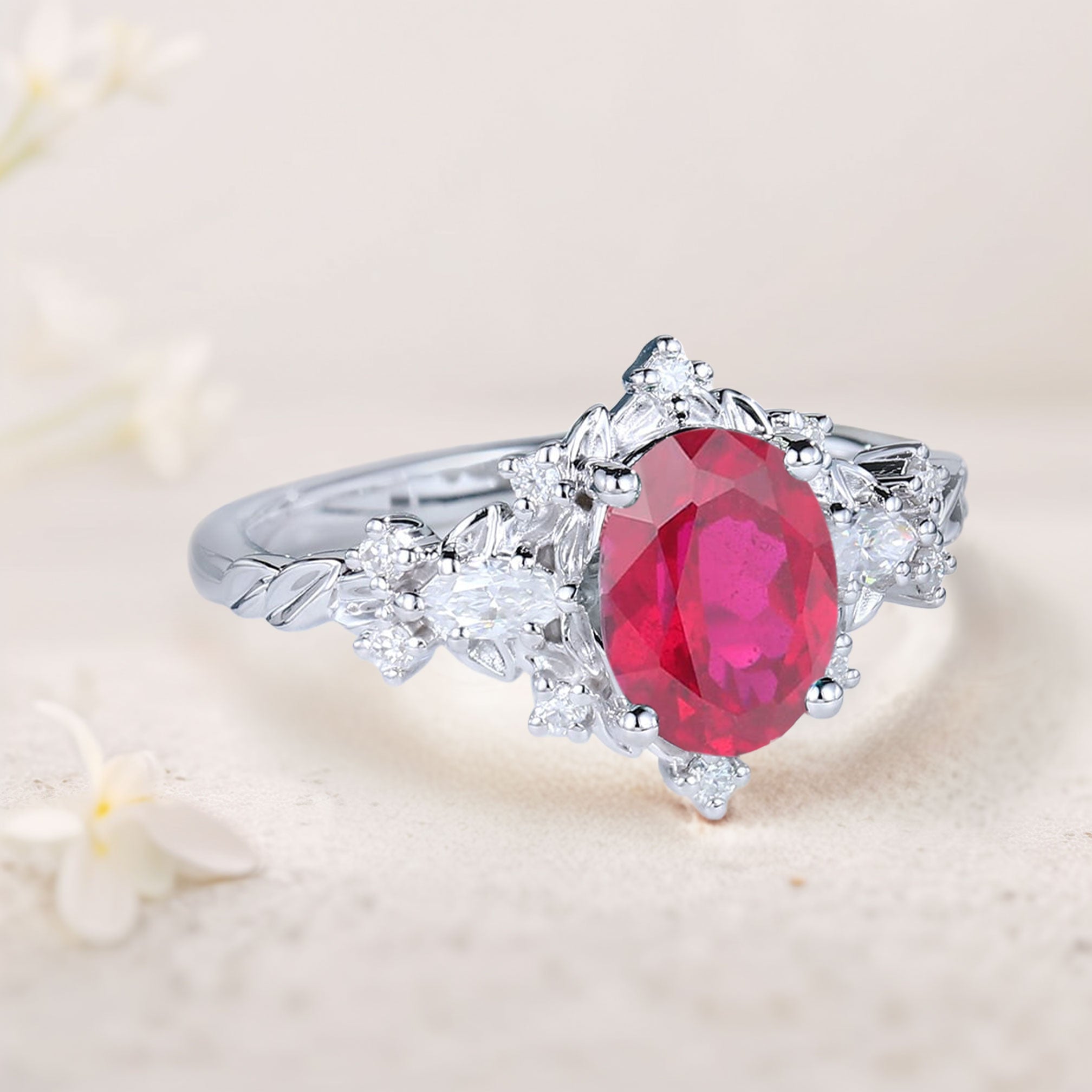 Vintage Briar Rose Oval Lab Ruby 18K White Gold Engagement Ring Vine Ring