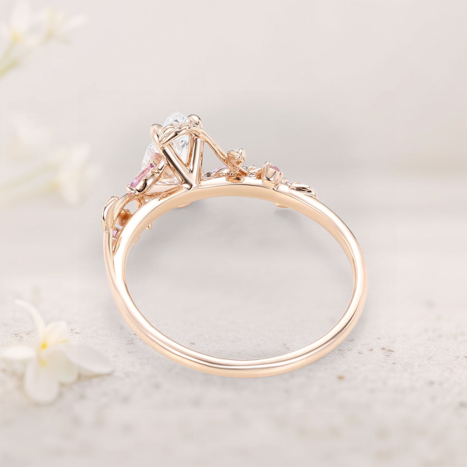 Unique floral engagement rings Pear Moissanite and Pink Lab Sapphire 18K Yellow Gold Ring