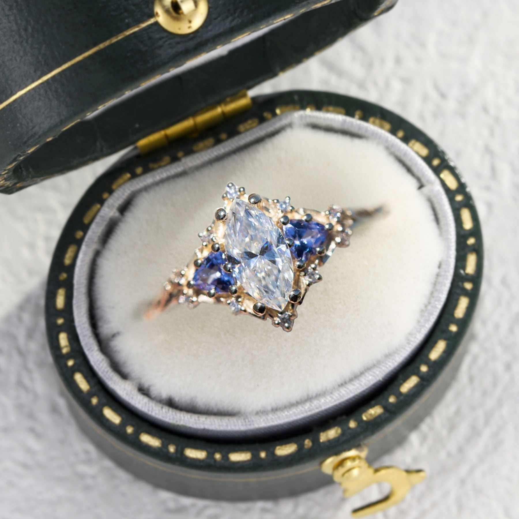 Unique Briar Rose Marquise Moissanite and Lab Sapphire 18K Rose Gold Ring