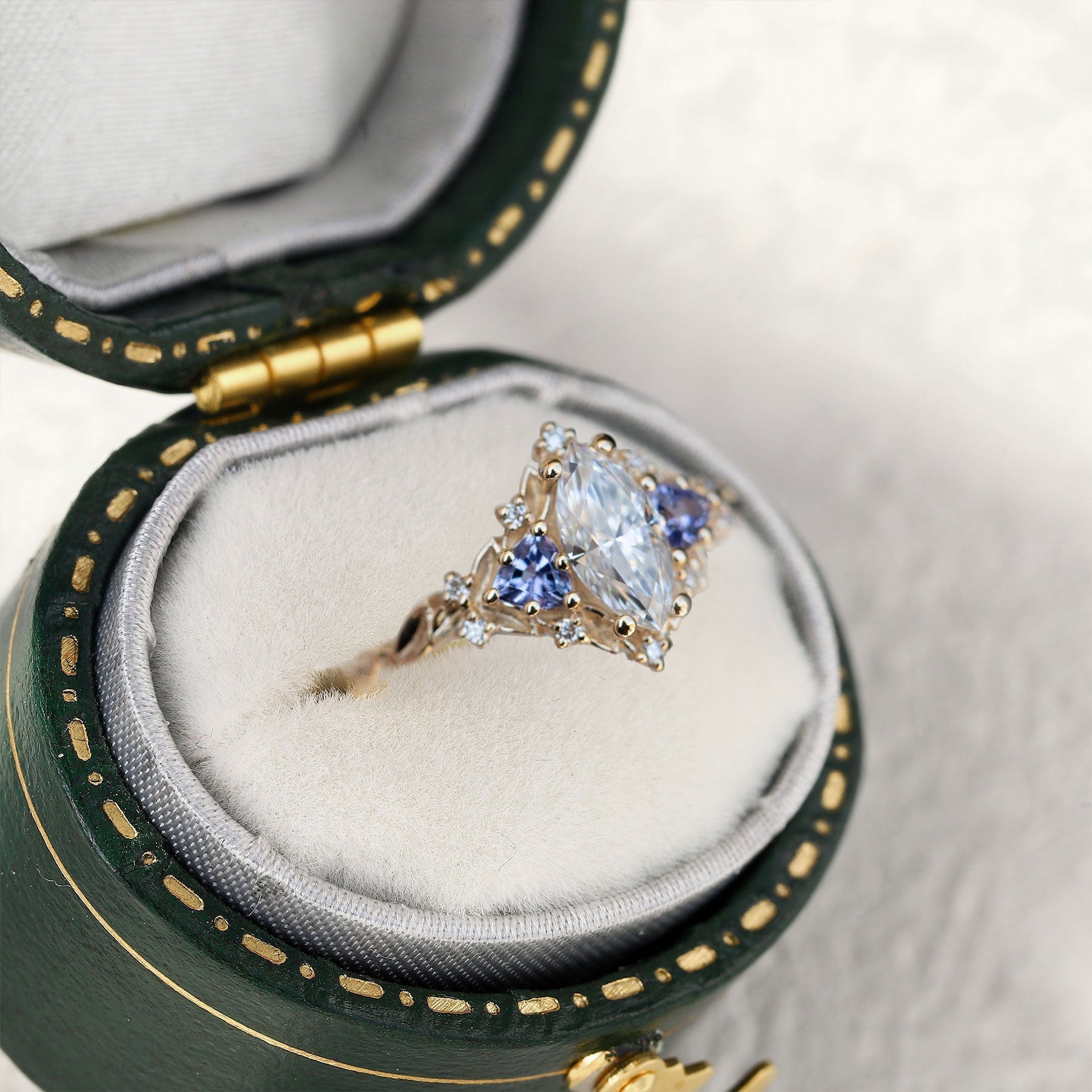 Unique Briar Rose Marquise Moissanite and Lab Sapphire 18K Rose Gold Ring