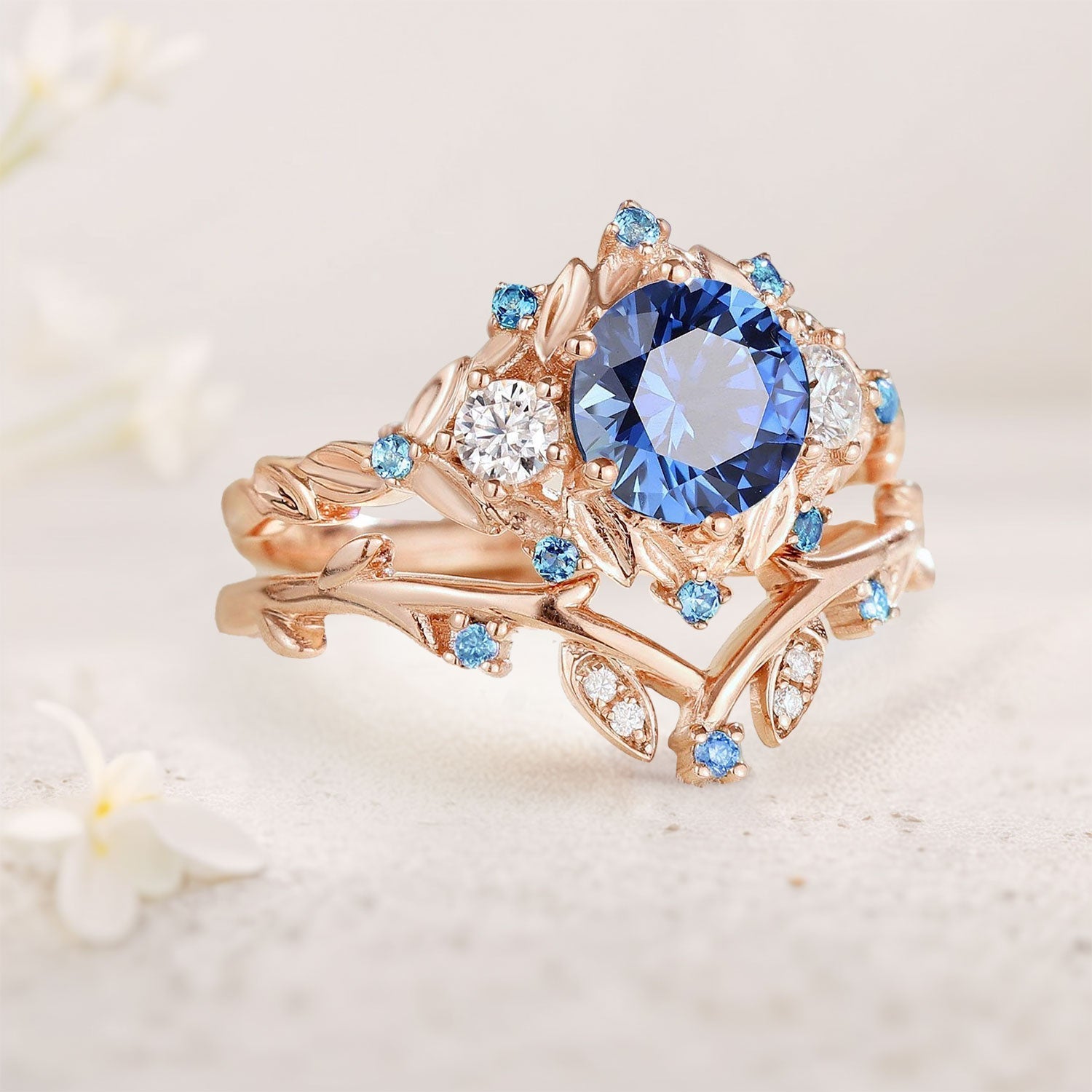 Vintage round cornflower Lab Sapphire engagement ring set Leaf art sapphire cluster 18K Yellow Gold promise ring set