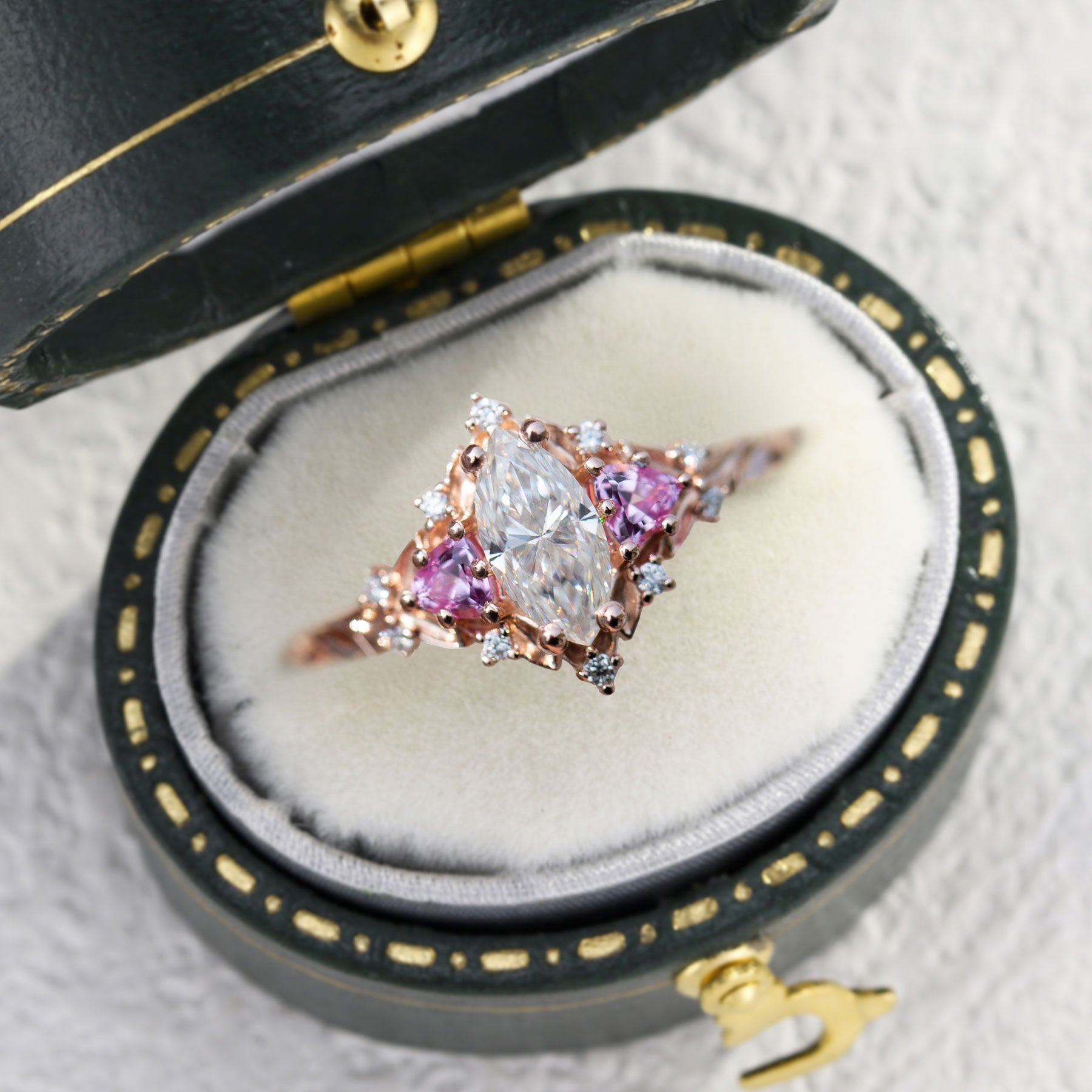 Unique Briar Rose Marquise Moissanite and Pink Lab Sapphire 18K Rose Gold Ring