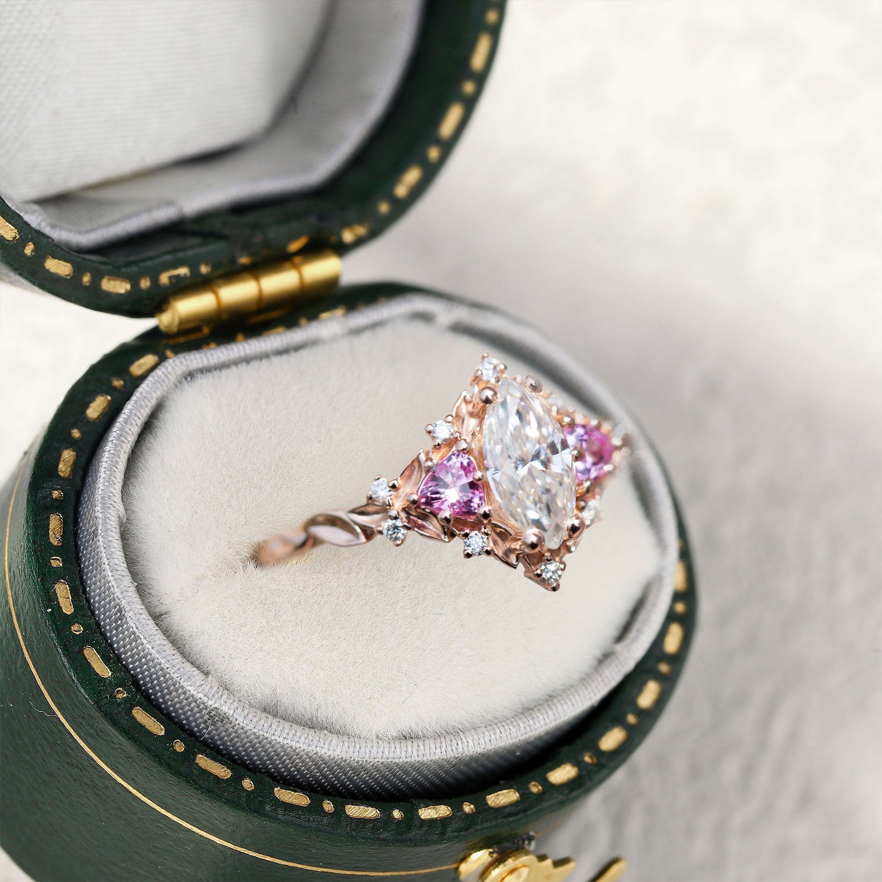 Unique Briar Rose Marquise Moissanite and Pink Lab Sapphire 18K Rose Gold Ring